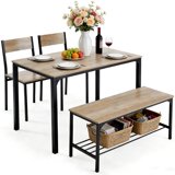 edx Dining Table and 2 Chairs for 4, Dining Bench with Metal Frame & Storage Rack, Space-Saving Ideal 4-Person Kitchen Table Set for Dinette, Small Space, Apartment, Restaurant
