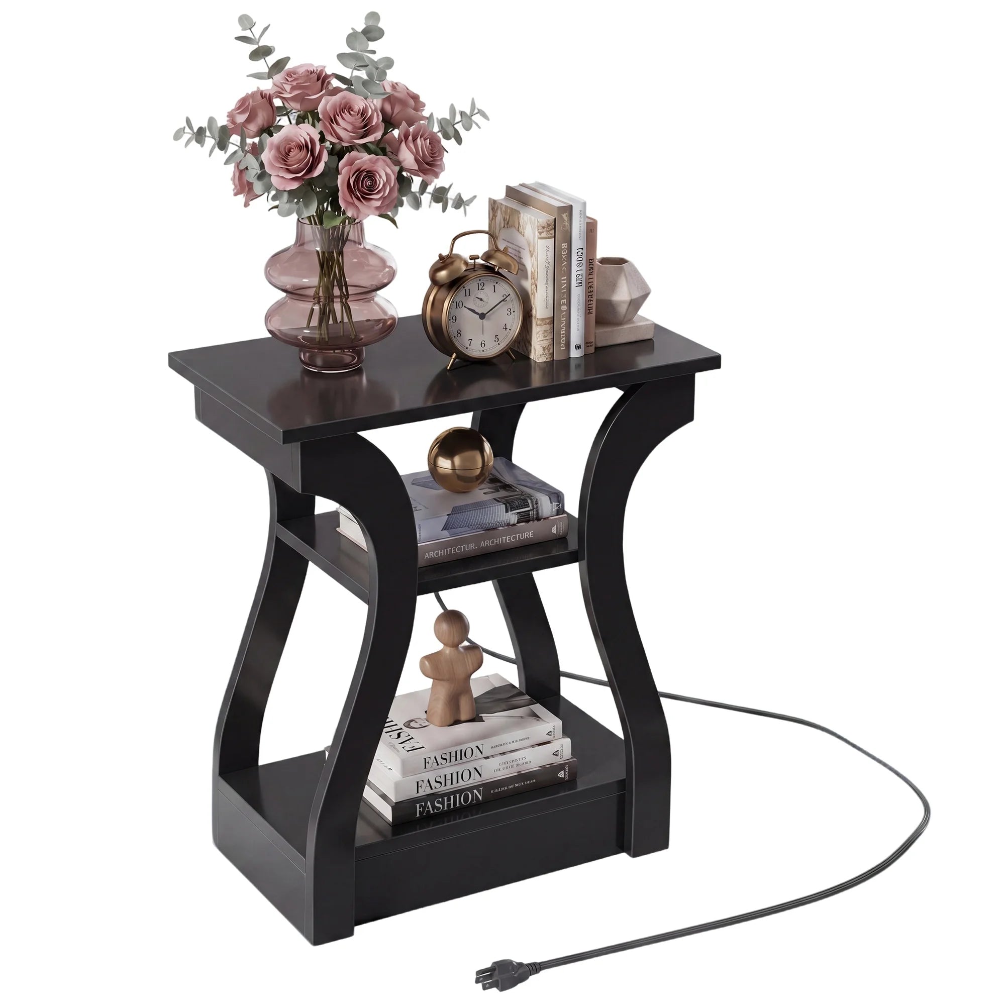 edx End Table with Charging Station, 3-Tier Nightstand with USB, Type-C & Outlets, Wood Side Table for Small Spaces