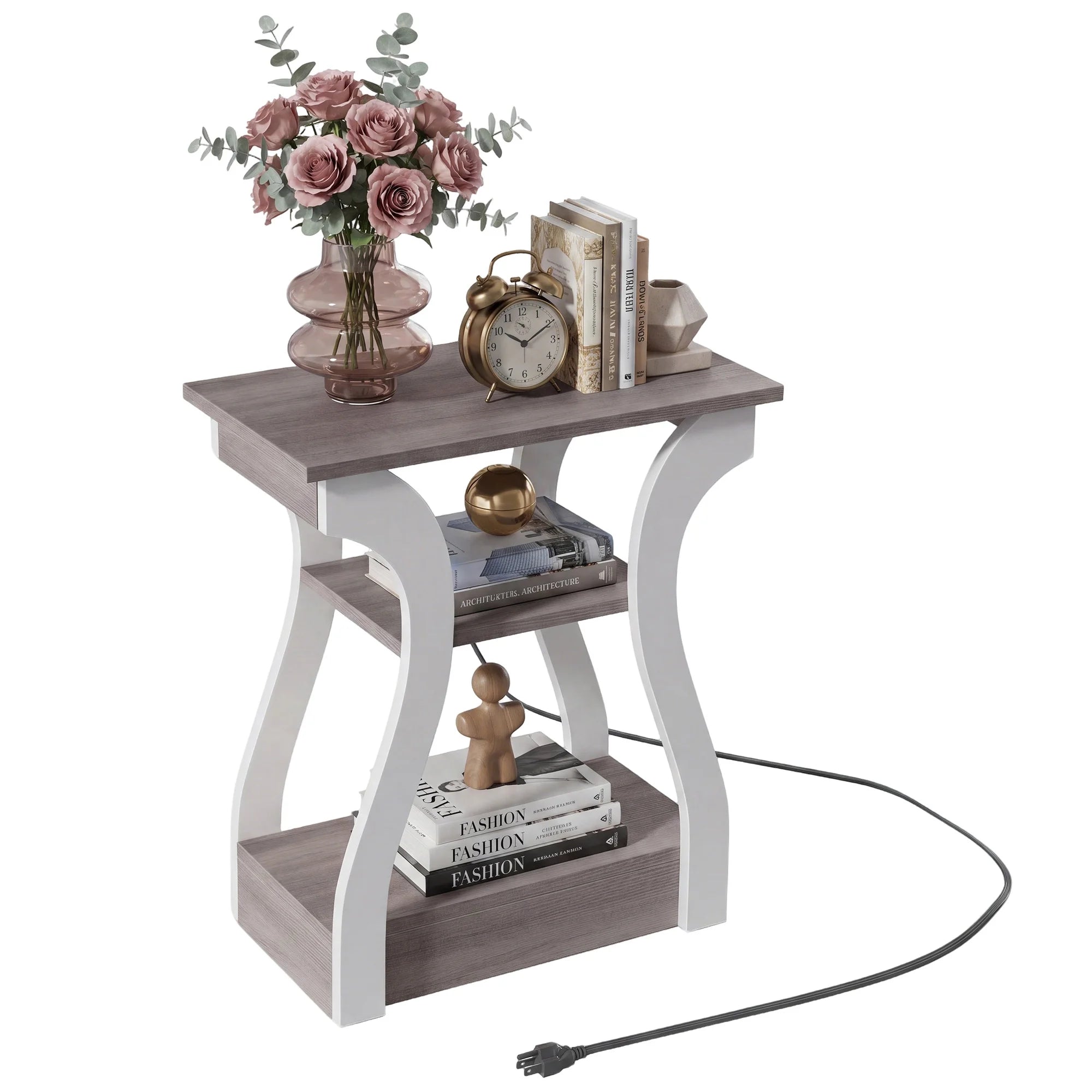 edx End Table with Charging Station, 3-Tier Nightstand with USB, Type-C & Outlets, Wood Side Table for Small Spaces