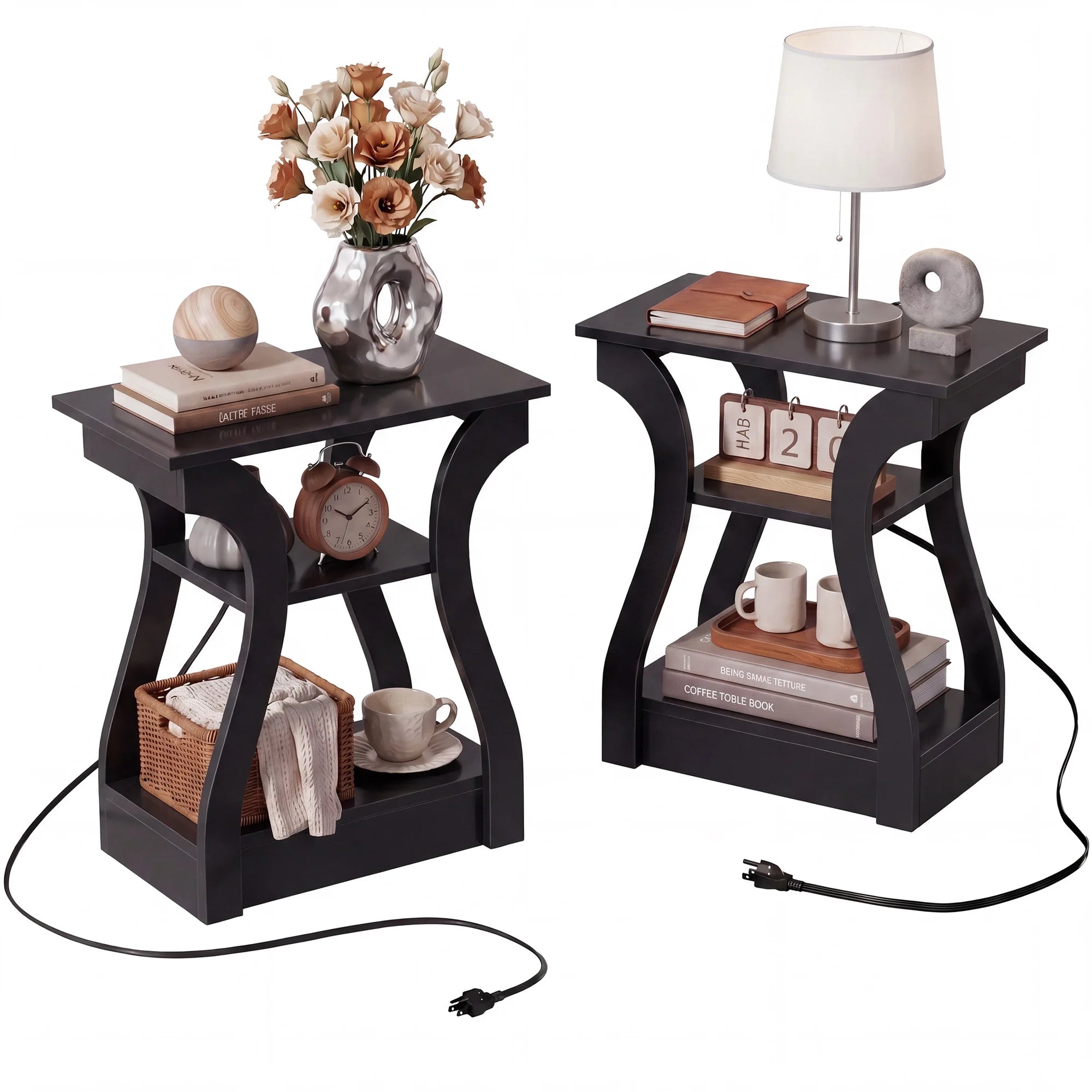 edx End Table with Charging Station, 3-Tier Nightstand with USB, Type-C & Outlets, Wood Side Table for Small Spaces