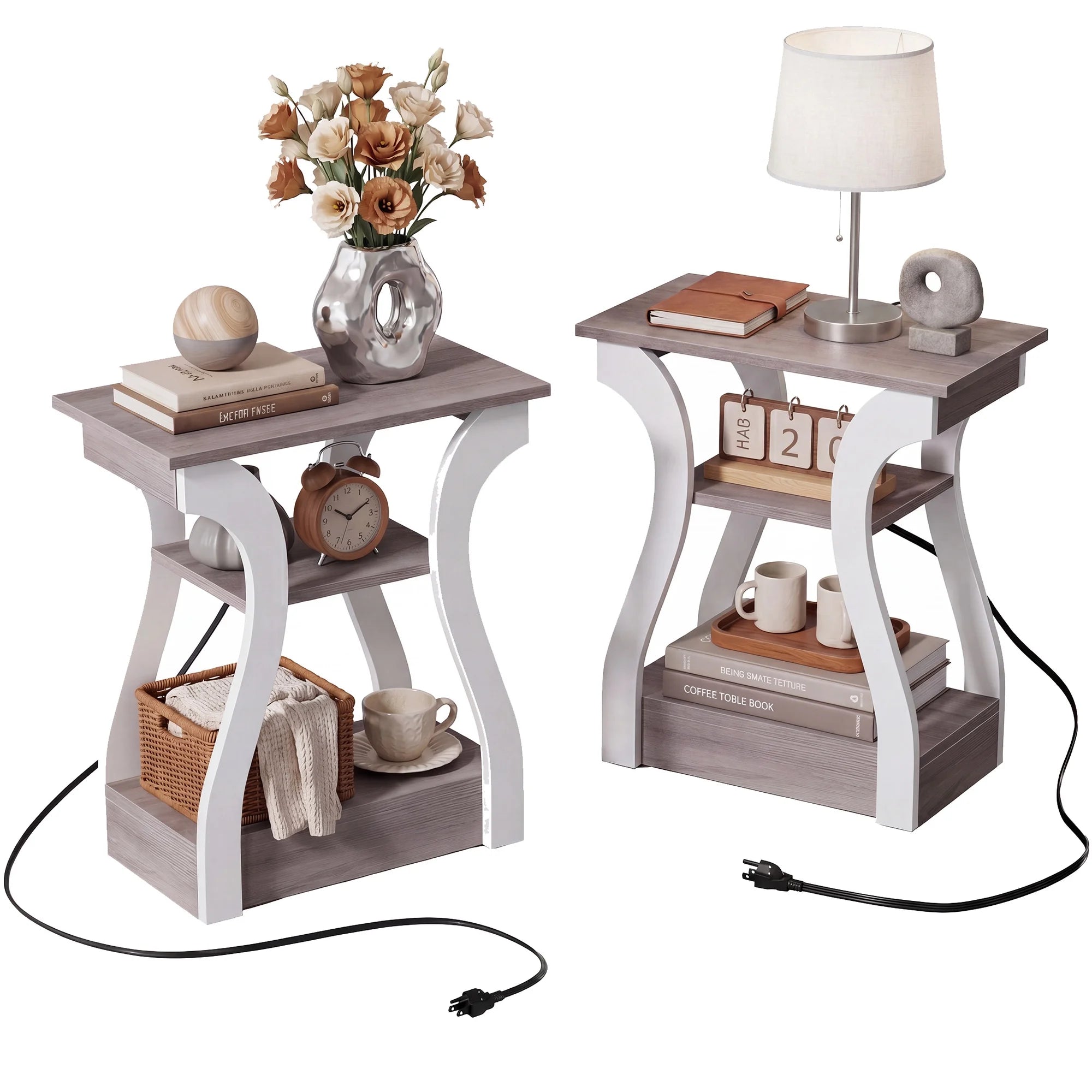 edx End Table with Charging Station, 3-Tier Nightstand with USB, Type-C & Outlets, Wood Side Table for Small Spaces