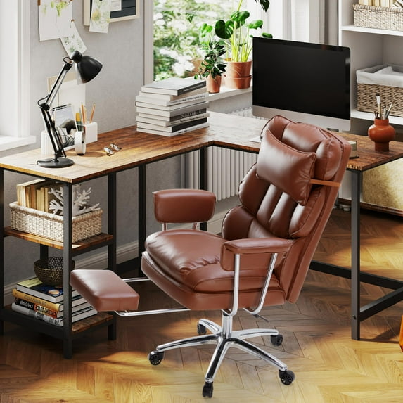 edx Executive Home Office Desk Chair, Ergonomic Big Tall High Back with Footrest & Lumbar Support, Reclining Comfy PU Leather Computer Gaming Chair with Swivel Wheels, Height Adjustable