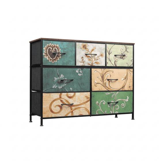 edx Fabric Dresser, Retro Flower Design, Sturdy Steel Frame, Wood Top, and Non Deformable Drawer Panels for Bedroom, Closet, Living Room, Hallway, Nursery