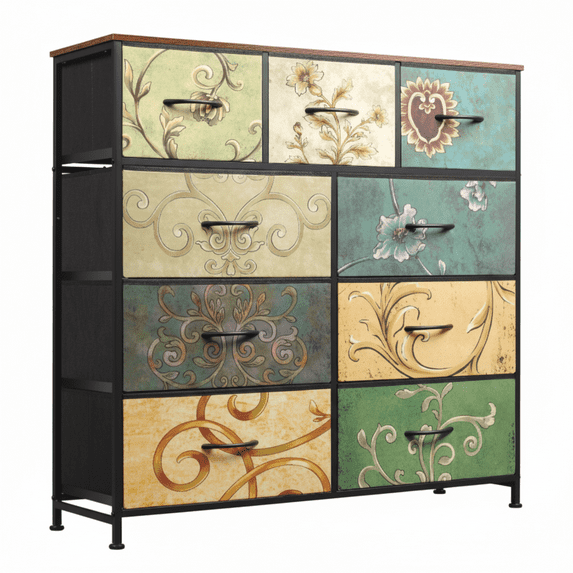 edx Fabric Dresser, Retro Flower Design, Sturdy Steel Frame, Wood Top, and Non Deformable Drawer Panels for Bedroom, Closet, Living Room, Hallway, Nursery