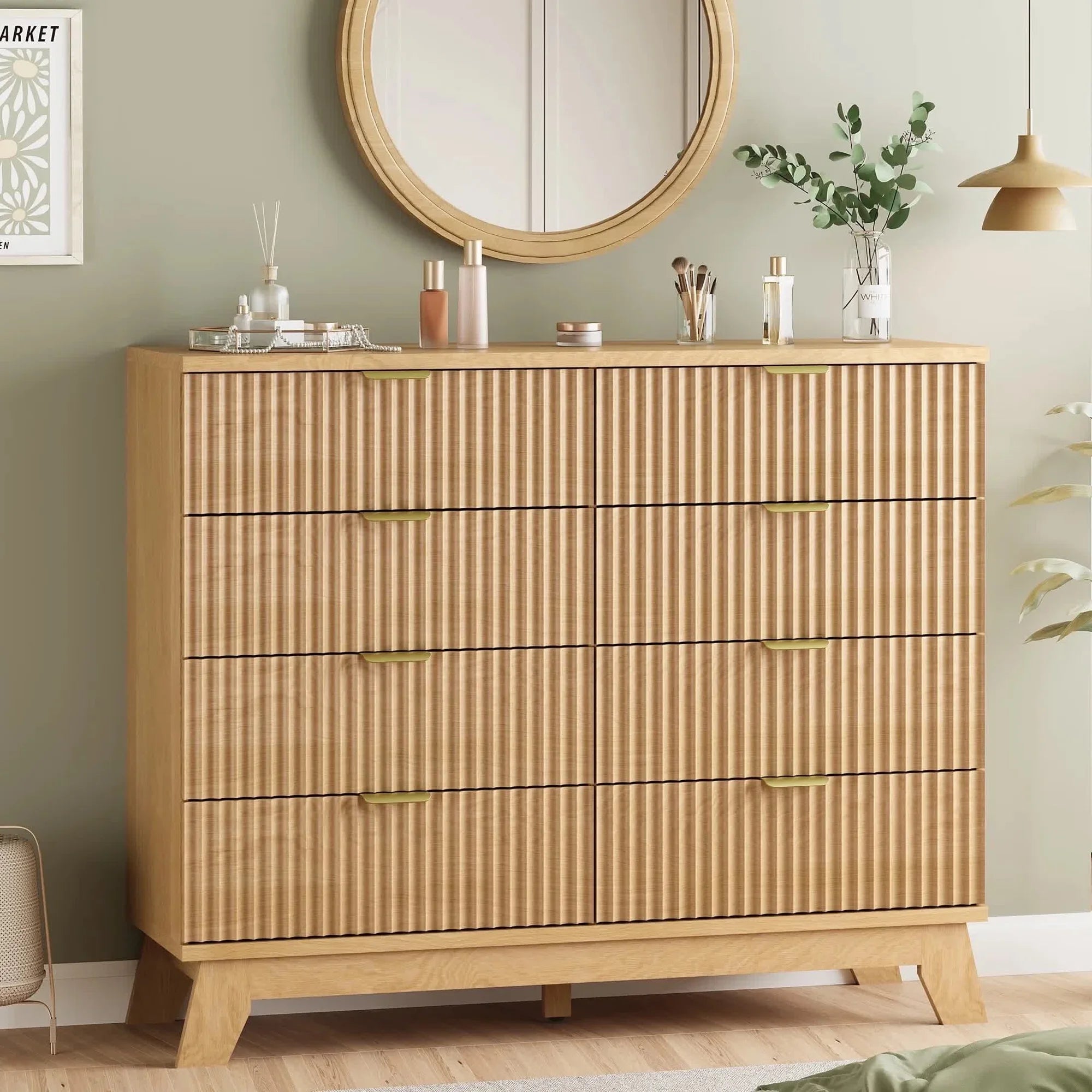 edx Fluted Dresser, Drawer Dresser, Modern Wooden Chest of Drawers with Heightened Legs for Bedroom, Natural