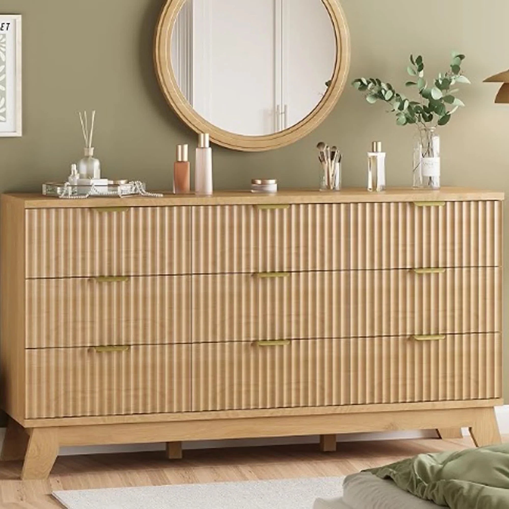 edx Fluted Dresser, Drawer Dresser, Modern Wooden Chest of Drawers with Heightened Legs for Bedroom, Natural