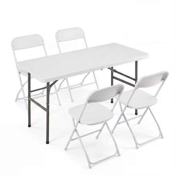 edx Folding Table and Chair Set with 5-Piece, 4 Chairs and 4FT Portable Table, for Picnics, Camping, White