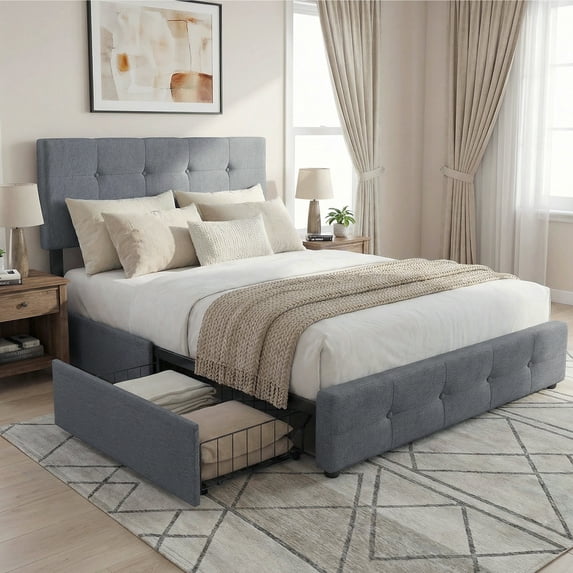 edx Bed Frame with 4 Drawers & Velvet Upholstered Headboard, Platform Bed with Storage & Solid Wood Support, No Box Spring, Gray