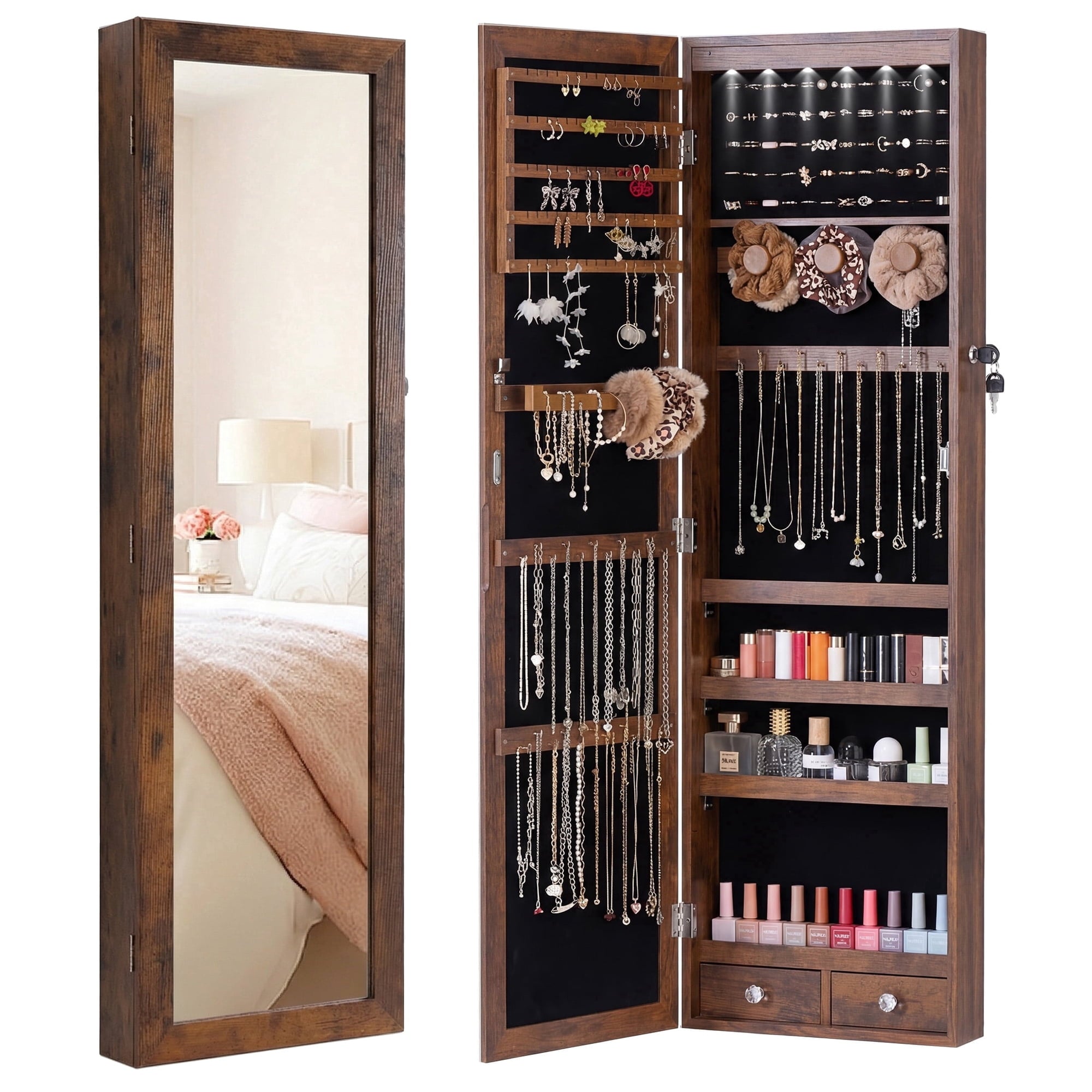 edx Full-Length Mirror Jewelry Cabinet with 6 LED Lights, Wall Door Mounted Large Jewelry Armoire Organizer with Makeup Storage