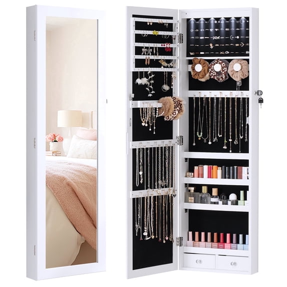 edx Full-Length Mirror Jewelry Cabinet with 6 LED Lights, Wall Door Mounted Jewelry Armoire Organizer with Makeup Storage