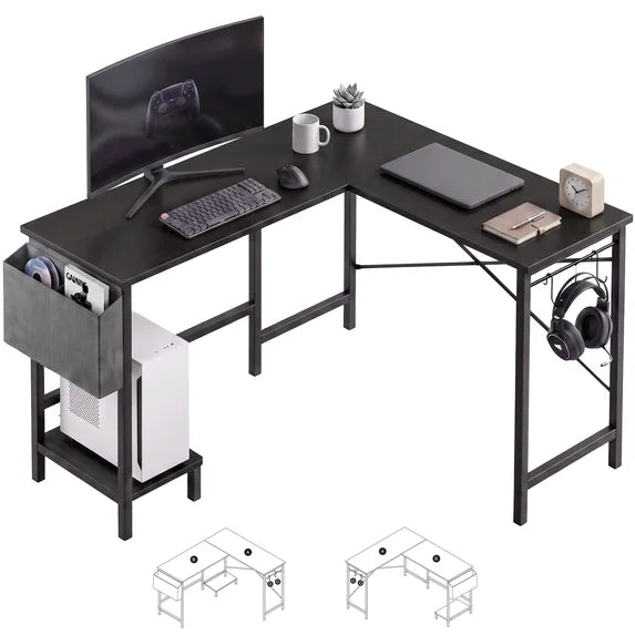 edx L Shaped Computer Desk with Storage Bag and CPU Holder, 50 Inch Office Desk Reversible Corner Design, Heavy Duty Computer Workstation Table for Gaming, Office and Study