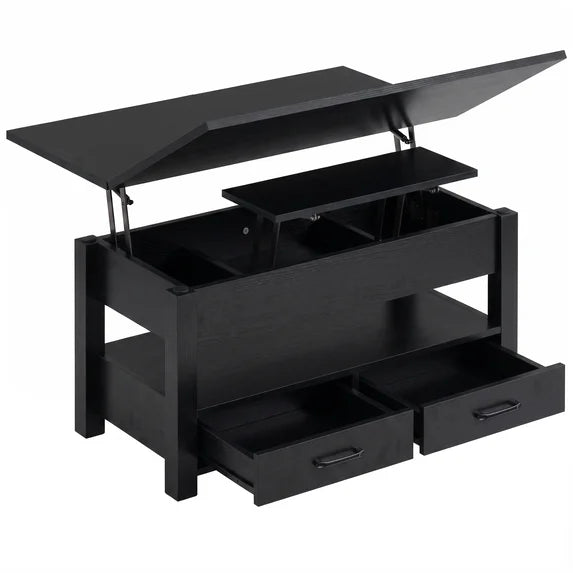 edx Multi-Function Convertible Coffee Table with 2 Drawers and Ample Hidden Compartment, Adjustable Lift Top Converts to Dining Table, Farmhouse Table for Living Room Home Office