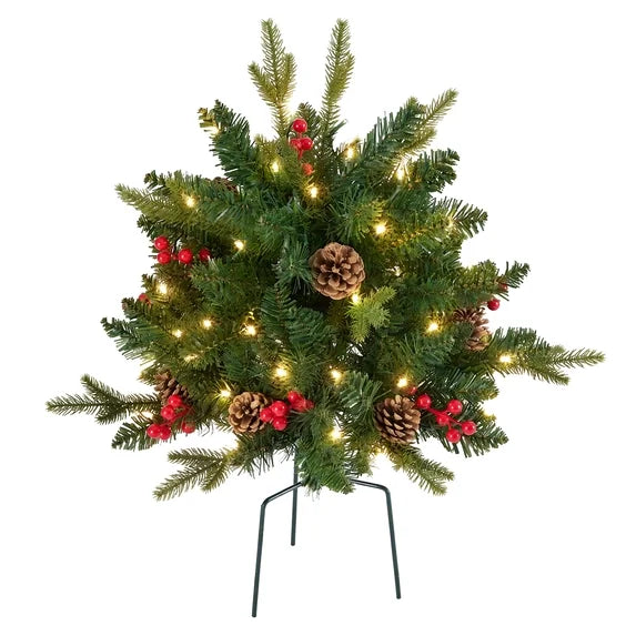 edx Pre-Lit Christmas Tree Urn Filler, 24 Inch, 50 Warm White LED Lights, 8 Lighting Modes, 6-Hour Timer, Pinecones & Red Berries, Indoor Outdoor Holiday Decor