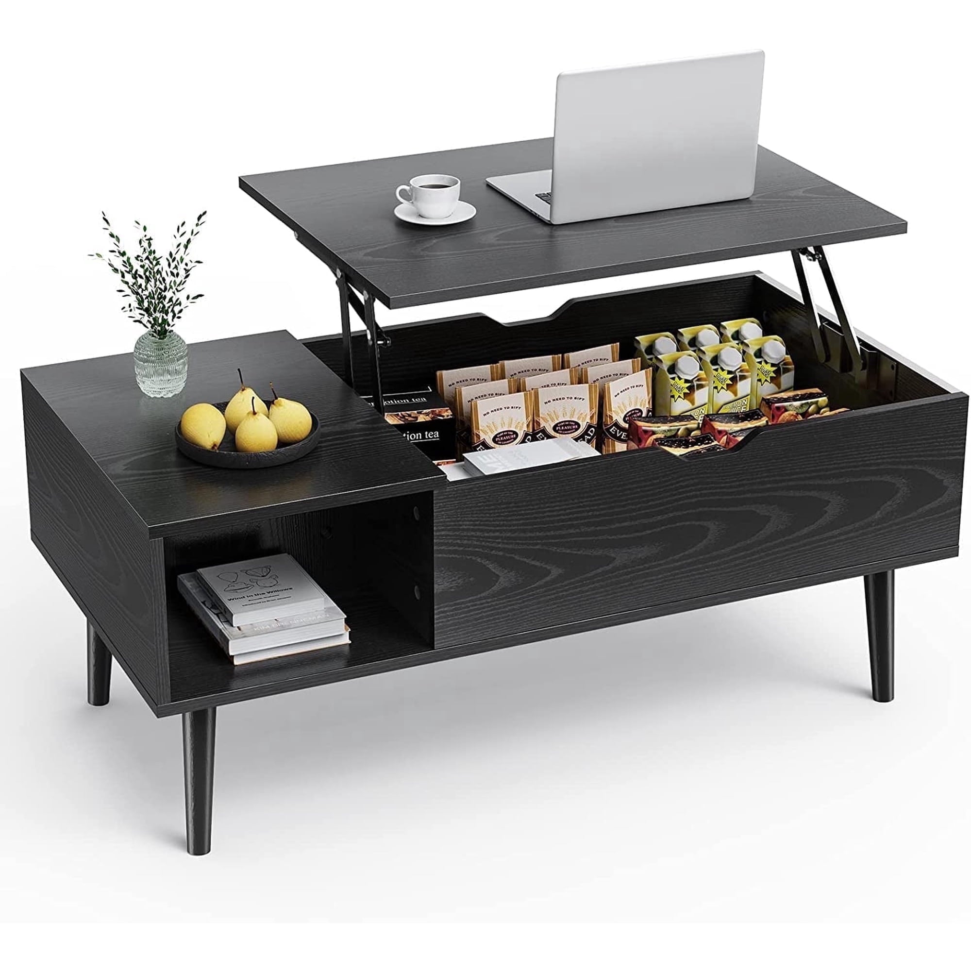 edx Wooden Lift Top Coffee Table with Hidden Compartments and Adjustable Shelves - Ideal for Small Homes, Apartments, Reception Rooms