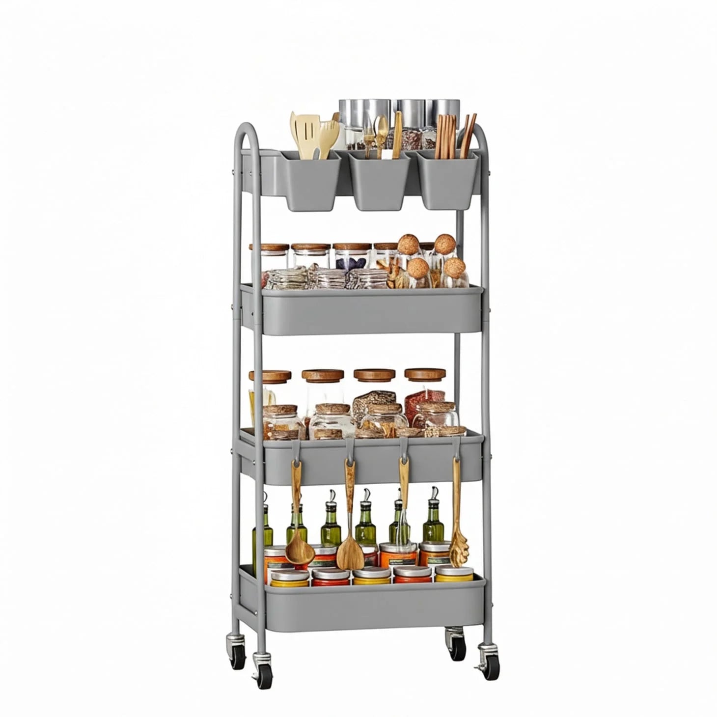 EDX 4-Tier Rolling Cart, 132 lbs Metal Utility Cart Storage Organizer with Lockable Casters, Multi-Functional Mesh Rolling Storage Cart for Kitchen Office
