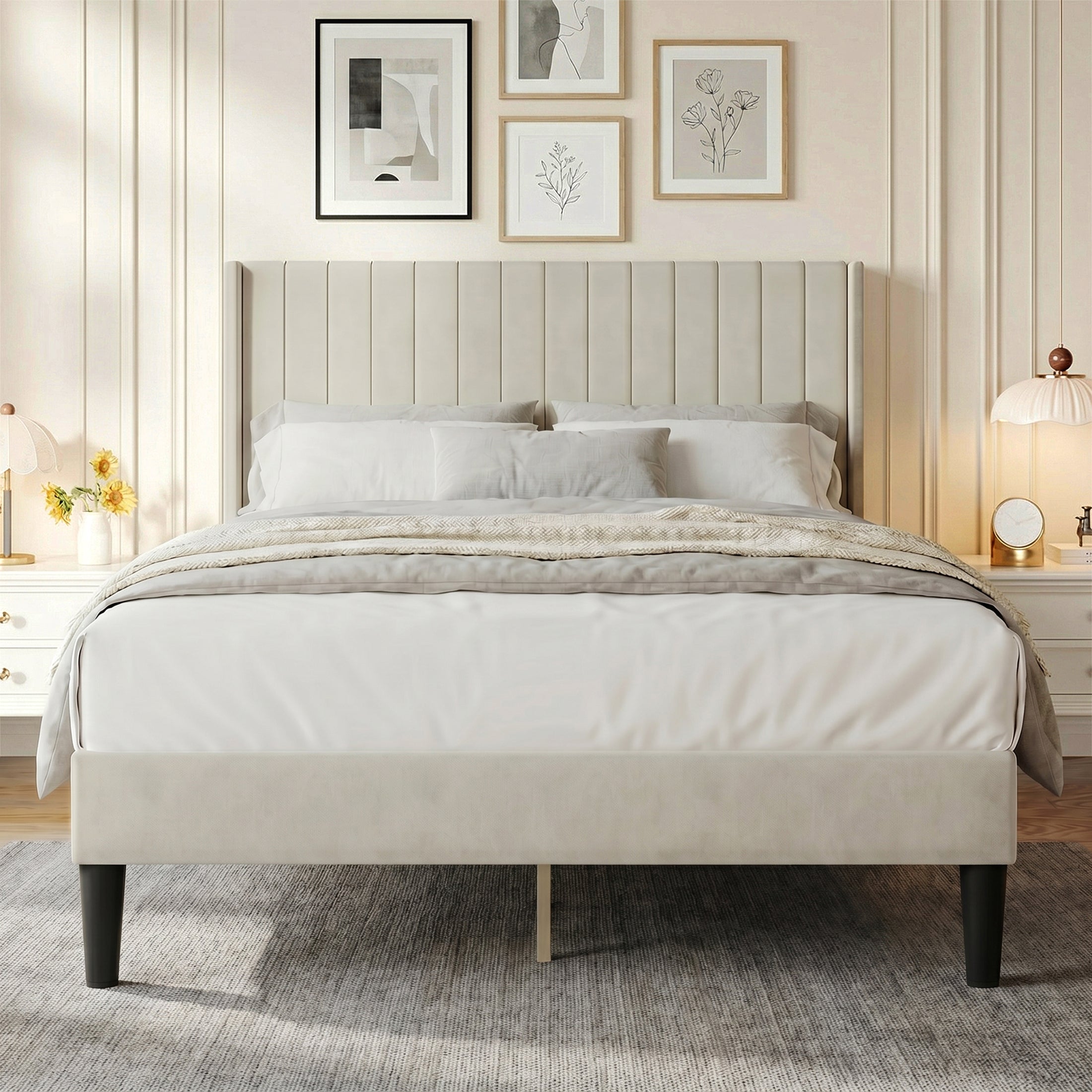 EDX Upholstered Platform Bed Frame with Padded Wingback Headboard, Modern Accent Bedroom Furniture