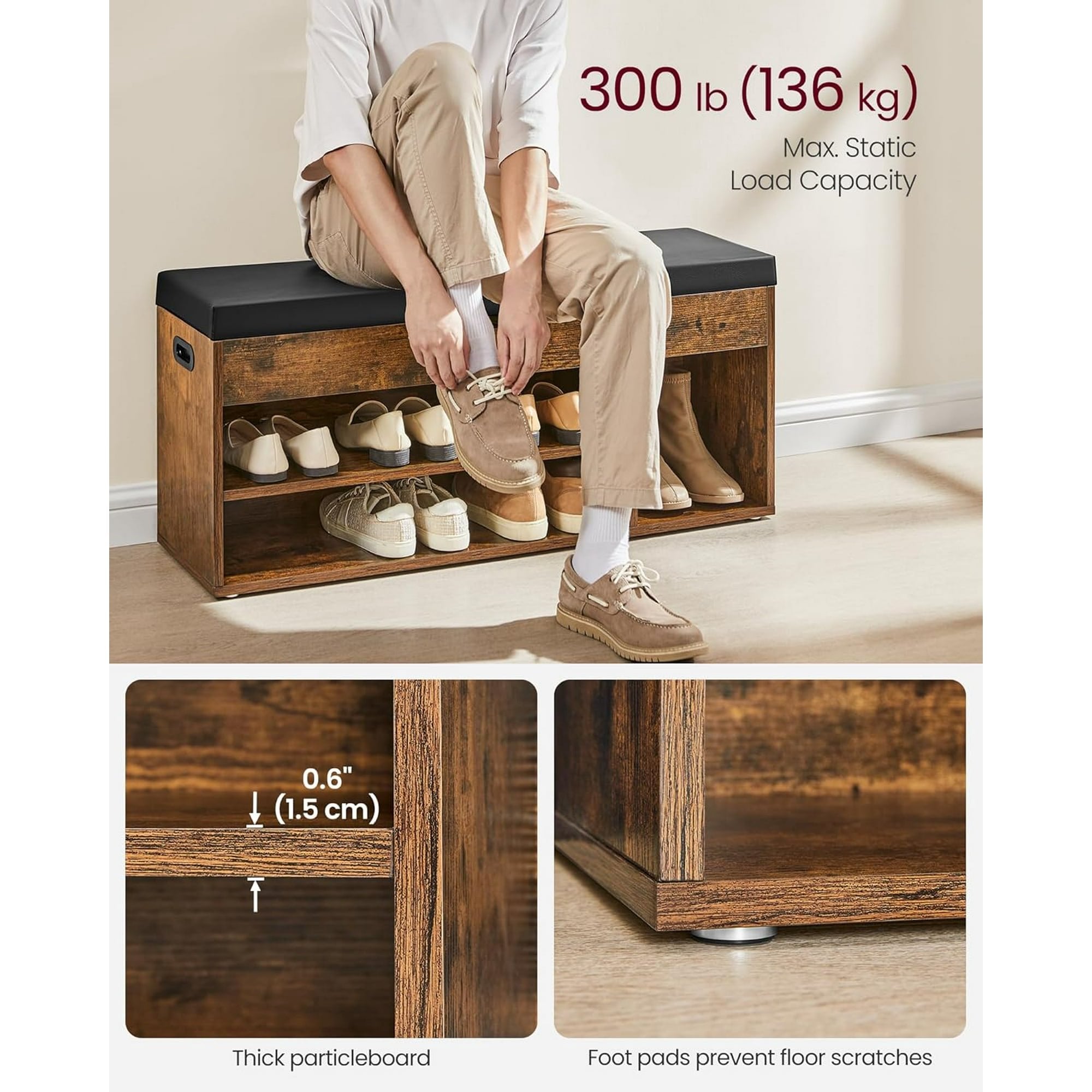 EDX Storage Bench with Cushion, Shoe Bench with Hidden Storage, 3 Compartments, Rust and Black
