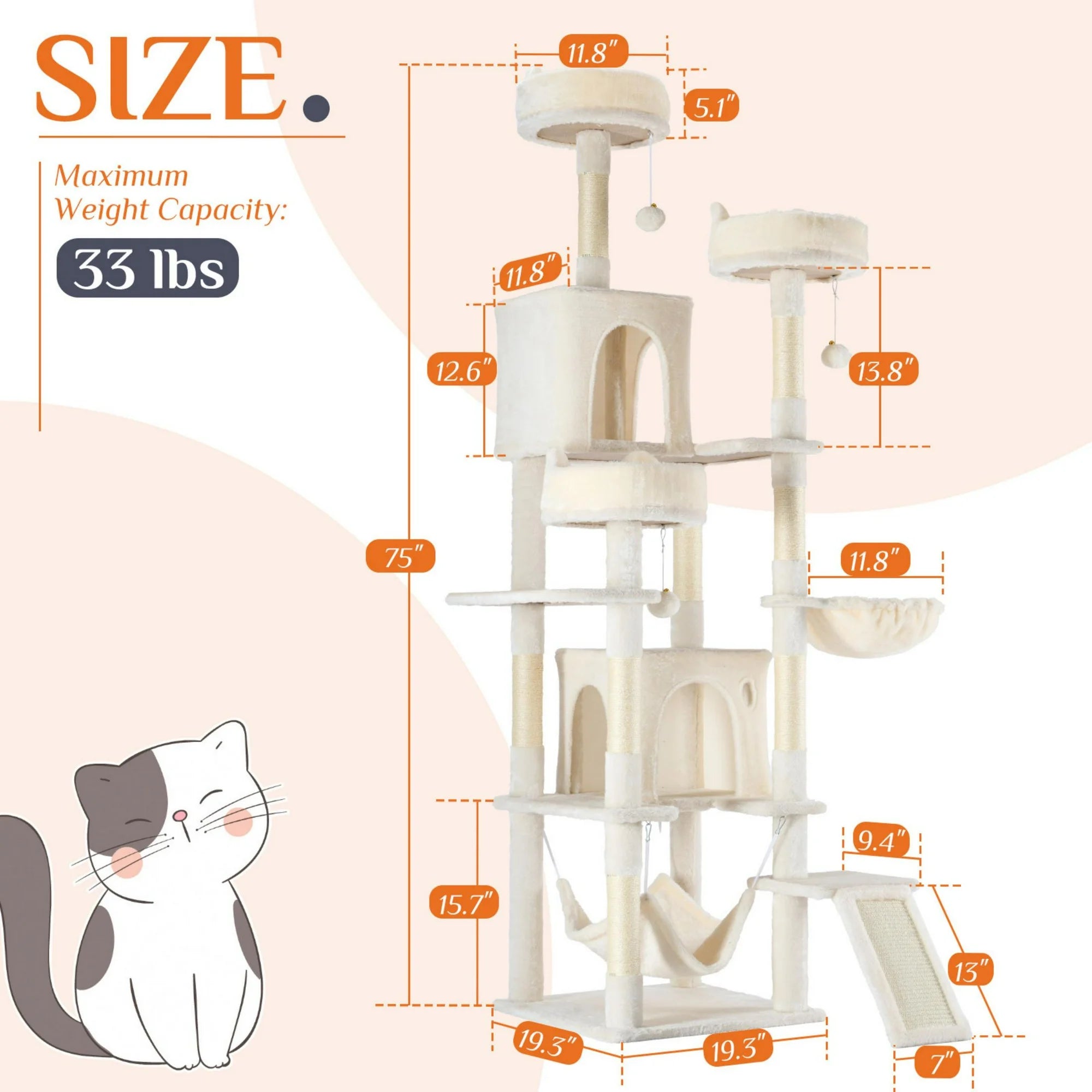 EDX 75" Cat Tree Tower for Indoor Cats, Multi-Level Durable Cat Climbing Tower, Large Pet House with Natural Sisal Scratching Post, Cozy Condo, Extended Platform, Kitten Toy and Hammock
