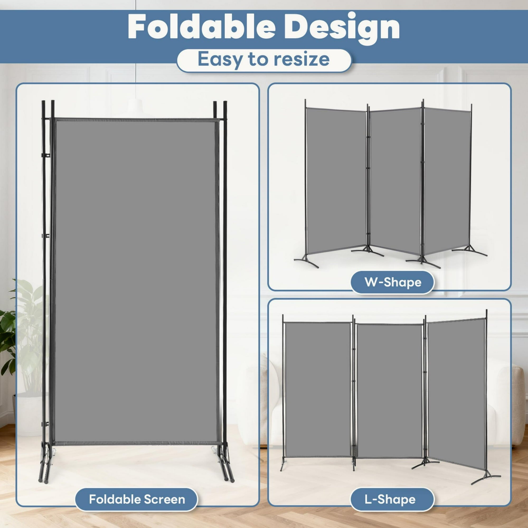 EDX 3 Panel Partition Room Divider, 6 Ft Tall Folding Privacy Screen with Steel Frame, Freestanding, Easy Move & Storage, For Home, Office, Bedroom, Grey