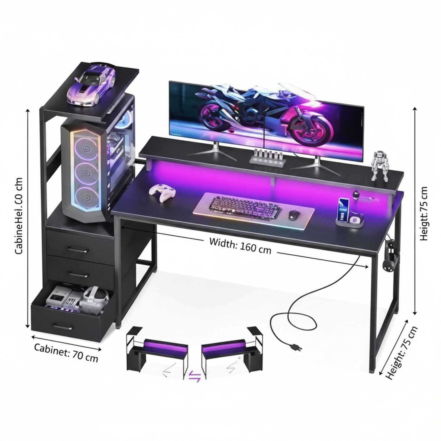 Edx Gaming Desk with Hutch & 3 Fabric Drawers, Computer Desk with USB Ports & LED Lights, Reversible Pc Gamer Table with Monitor Stand for Home Office