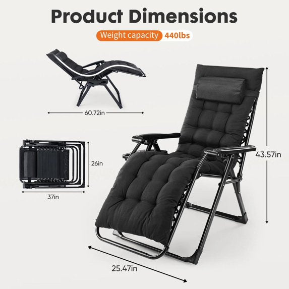 Edx Upholstered Zero Gravity Chair Folding Recliner with Removable Cushion & Tray
