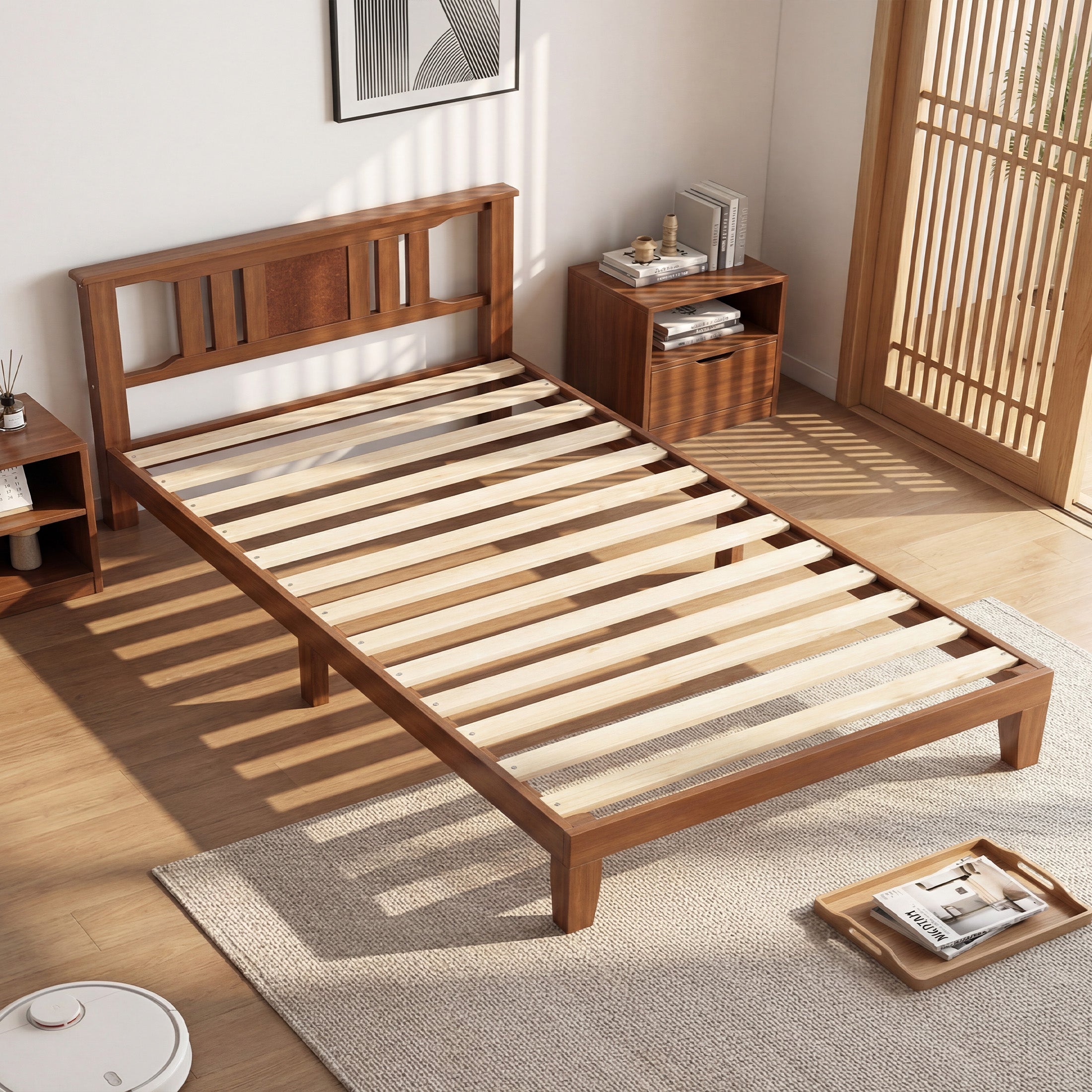edx Mid Century Solid Wood Platform Bed with Headboard, Bed Frame with Wood Slat Support, No Box Spring Needed, Walnut Finish