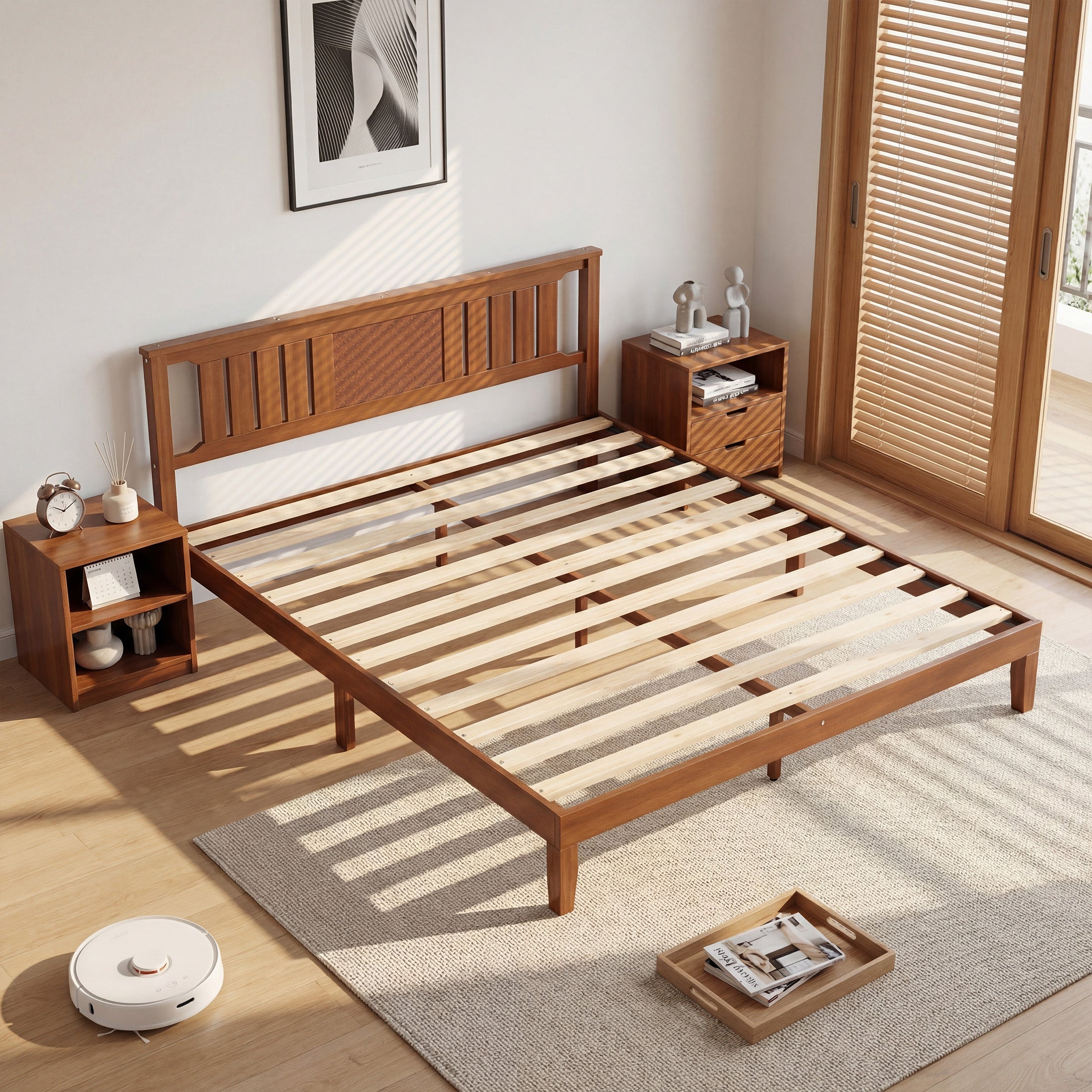 edx Mid Century Solid Wood Platform Bed with Headboard, Bed Frame with Wood Slat Support, No Box Spring Needed, Walnut Finish
