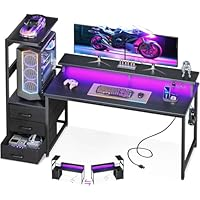Edx Gaming Desk with Hutch & 3 Fabric Drawers, Computer Desk with USB Ports & LED Lights, Reversible Pc Gamer Table with Monitor Stand for Home Office