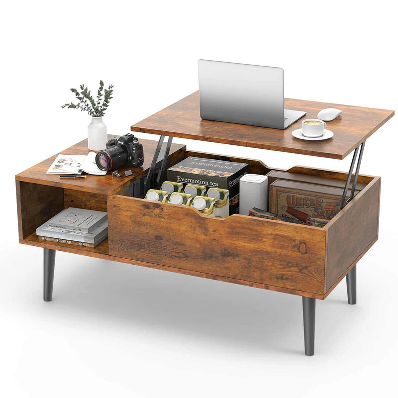 edx Wooden Lift Top Coffee Table with Hidden Compartments and Adjustable Shelves - Ideal for Small Homes, Apartments, Reception Rooms