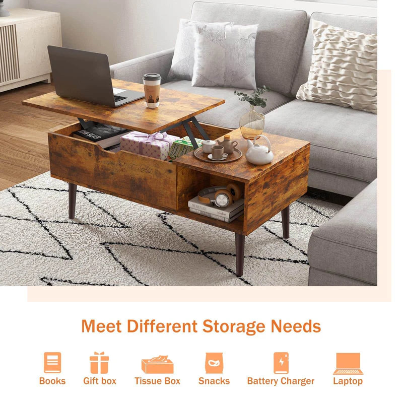 edx Wooden Lift Top Coffee Table with Hidden Compartments and Adjustable Shelves - Ideal for Small Homes, Apartments, Reception Rooms