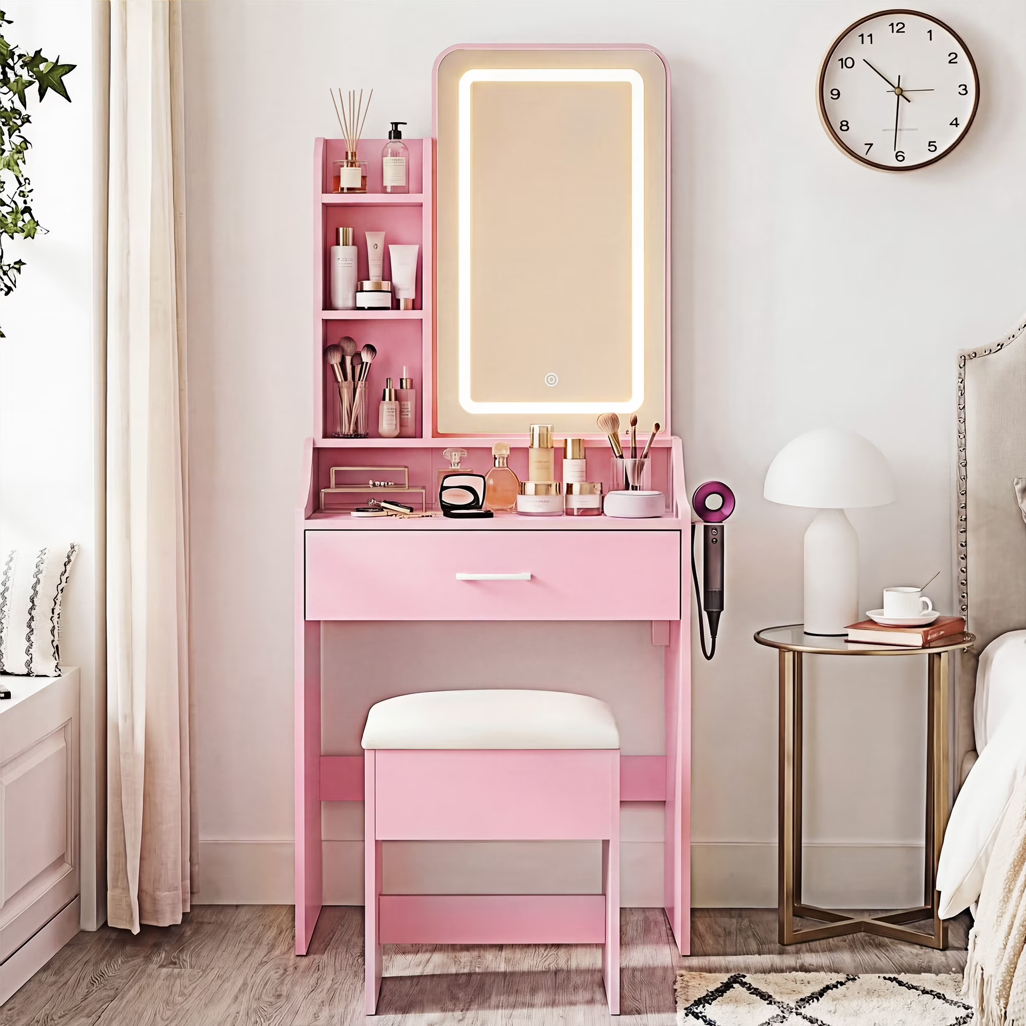 EDX 24" Makeup Vanity Table and Chair Set, Modern Vanity Desk with Mirror, Power Outlets&3 Lighting Modes