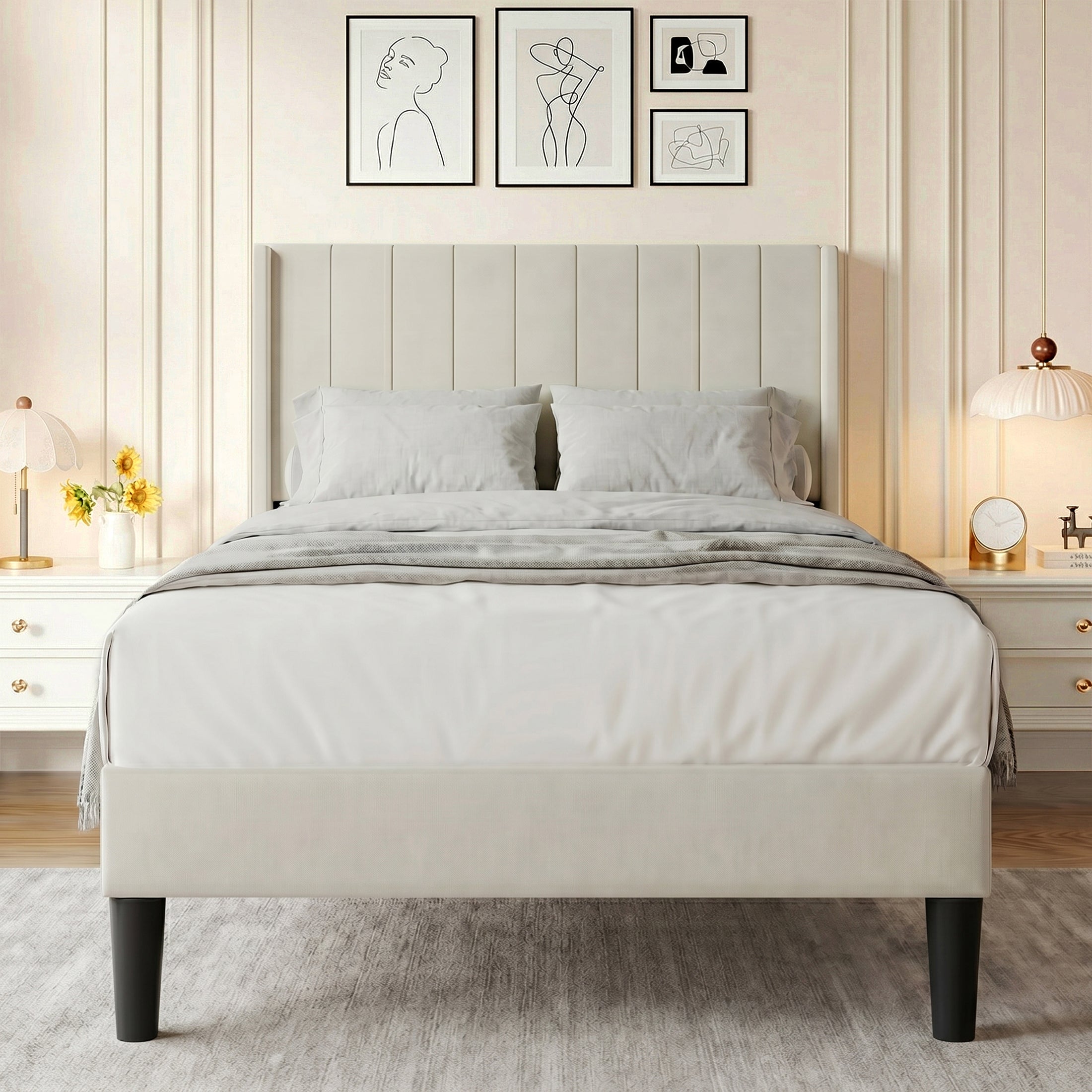 EDX Upholstered Platform Bed Frame with Padded Wingback Headboard, Modern Accent Bedroom Furniture