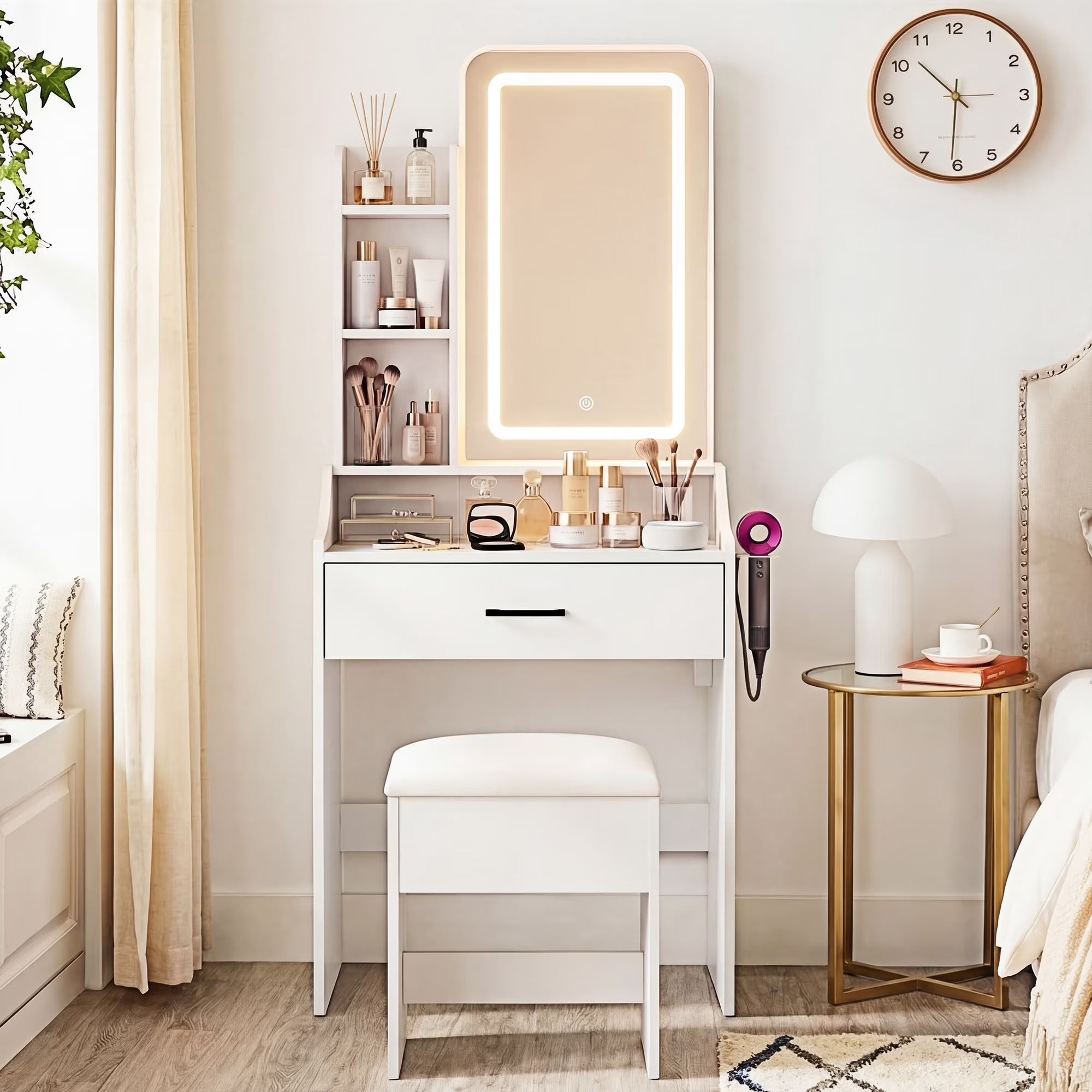 EDX 24" Makeup Vanity Table and Chair Set, Modern Vanity Desk with Mirror, Power Outlets&3 Lighting Modes