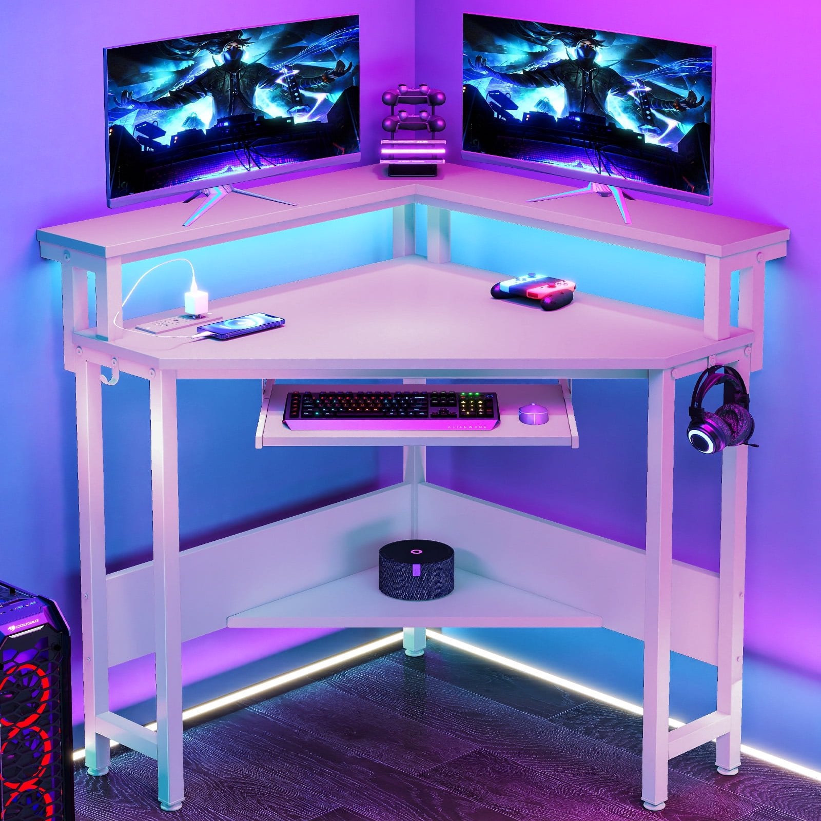 EDX Corner Office Gaming Desk 31 Inches L-Shaped Computer Desk with Charging Hub & Ergonomic Stand for Small Spaces