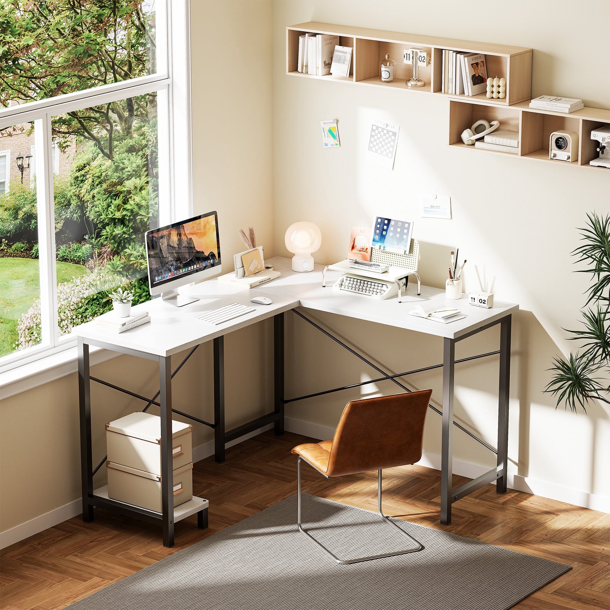 EDX 39 Inch L Shaped Computer Desk with Power Outlet& LED Lights, Corner Gamer Desk Table with Storage Shelves & Monitor Stand, for Home Office