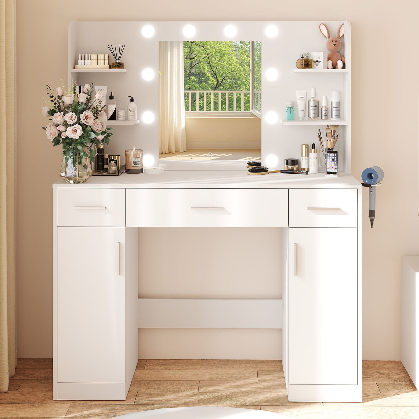 edx Vanity Desk with Mirror, Makeup Vanity Table with 3 Color Light Options Adjustable Brightness for Bedroom Dressing Room, White