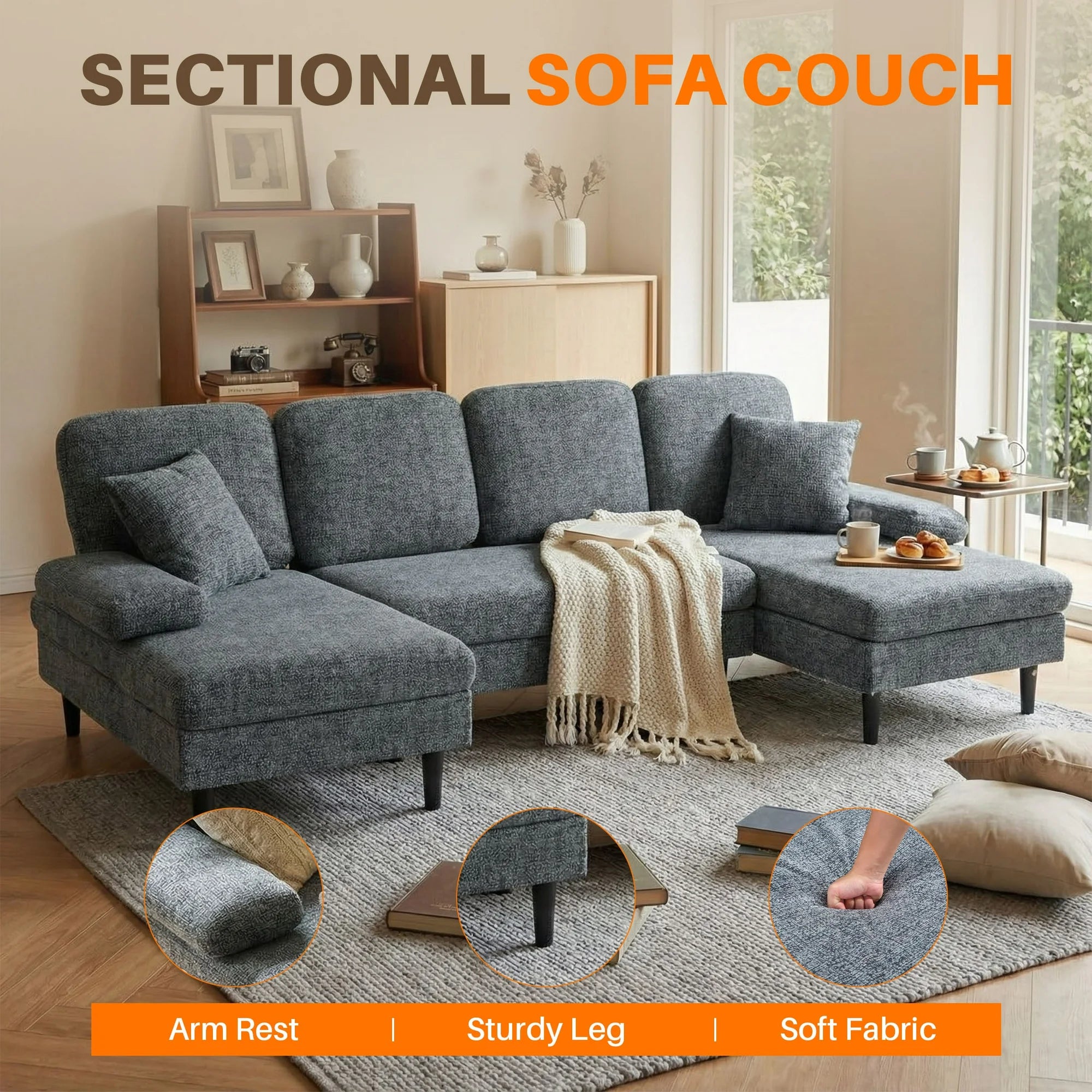 edx 6 Seat Sofa Couch for Living Room, Linen Fabric U-Shaped Sofa Bed with Removable Pillows for Home and Apartment
