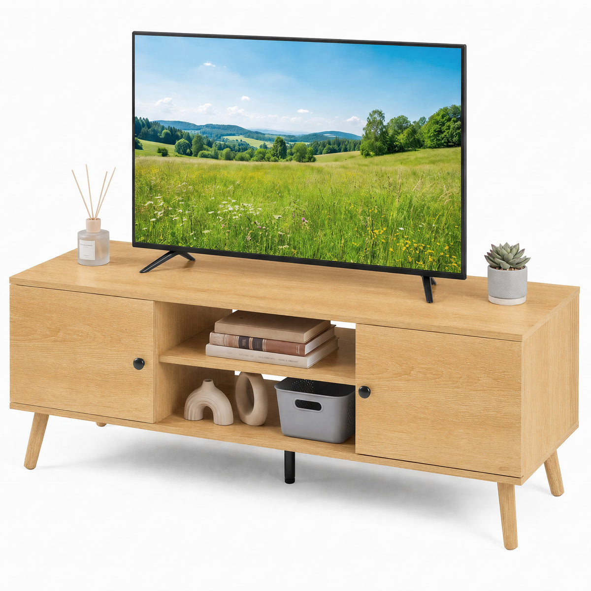 Gianna Retro-Modern TV Stand, Mid-Century Media Console with Soft-Close Cabinets & Adjustable Shelves, Sturdy Engineered Wood TV Cabinet for 50-66 Inch TVs (Living Room/Bedroom)