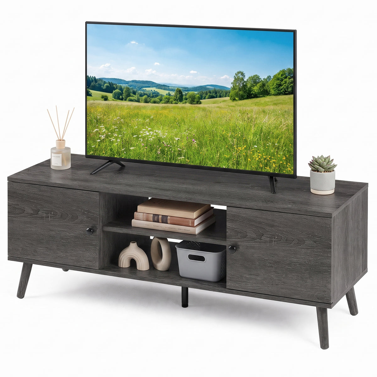 Gianna Retro-Modern TV Stand, Mid-Century Media Console with Soft-Close Cabinets & Adjustable Shelves, Sturdy Engineered Wood TV Cabinet for 50-66 Inch TVs (Living Room/Bedroom)