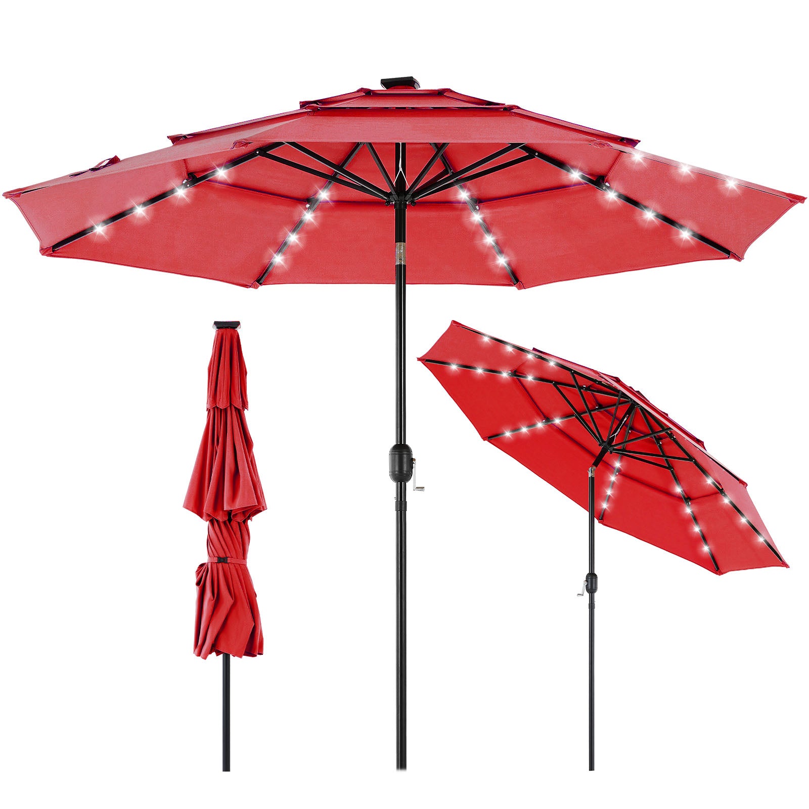 edx 10ft 3-Tier Solar LED Patio Umbrella with Tilt Adjustment and UV-Resistant Polyester Fabric, Outdoor Market Umbrella, Khaki