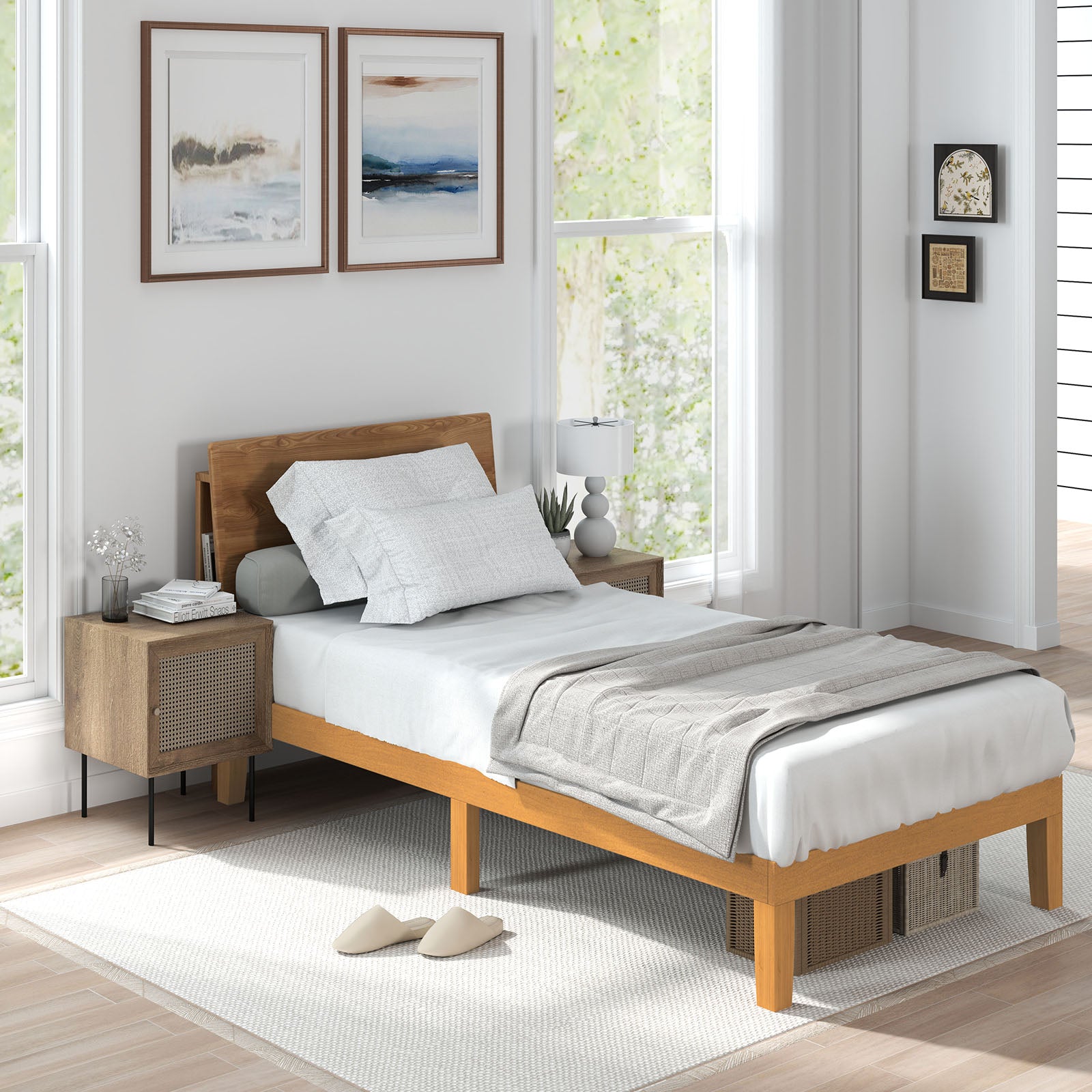 Wood Bed Frame, No Spring Needed, 12in Wooden Platform Bed Frame Mattress Foundation with Support Slats, Natural Pine