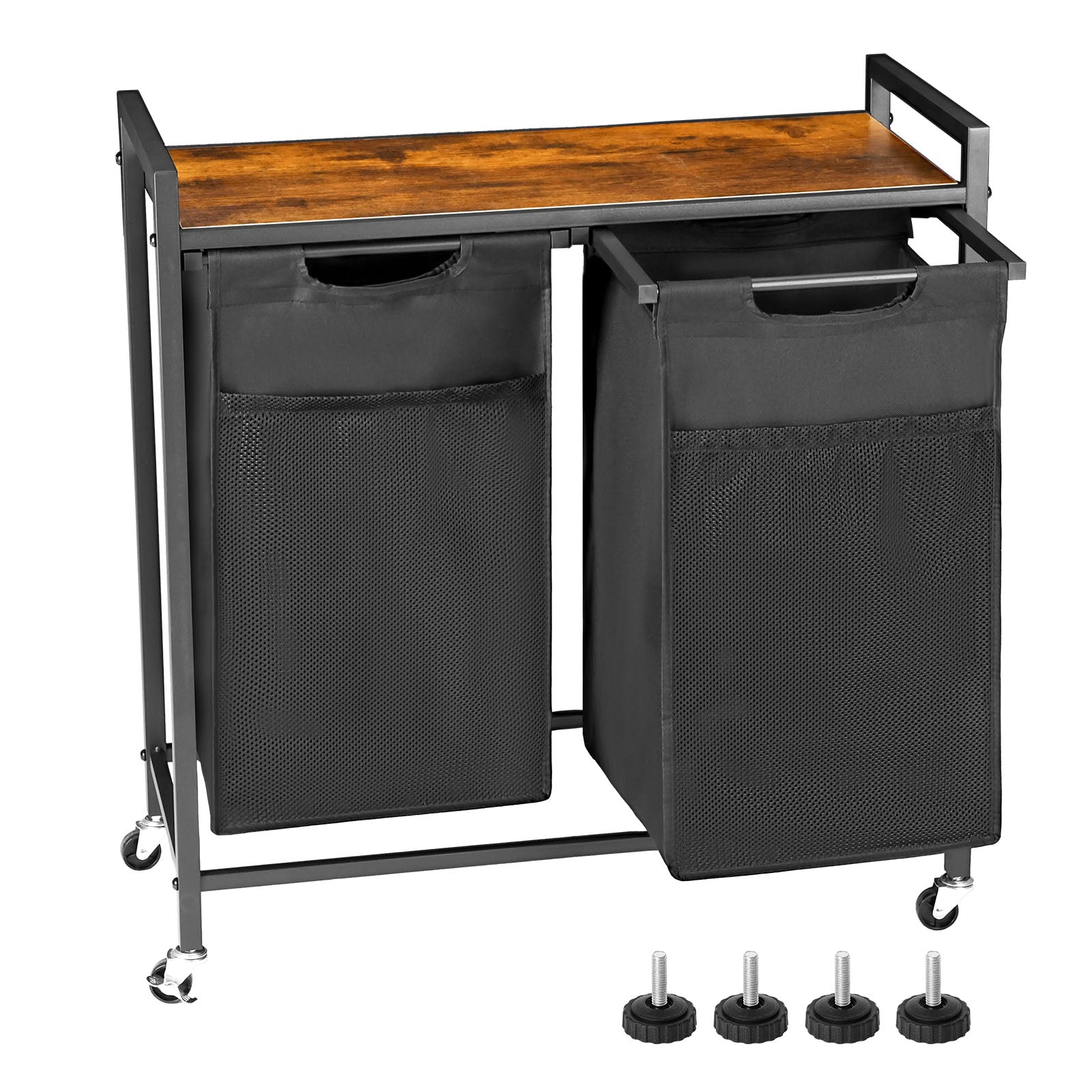 Laundry Hamper with 2 Pull-Out Removable Laundry Bags Clothes Sorter with Shelf and Wheels(Adjustable feet), 2 x 11.2 Gallons (42.5 Liters) for Laundry Rooms, Bathrooms and Dorms