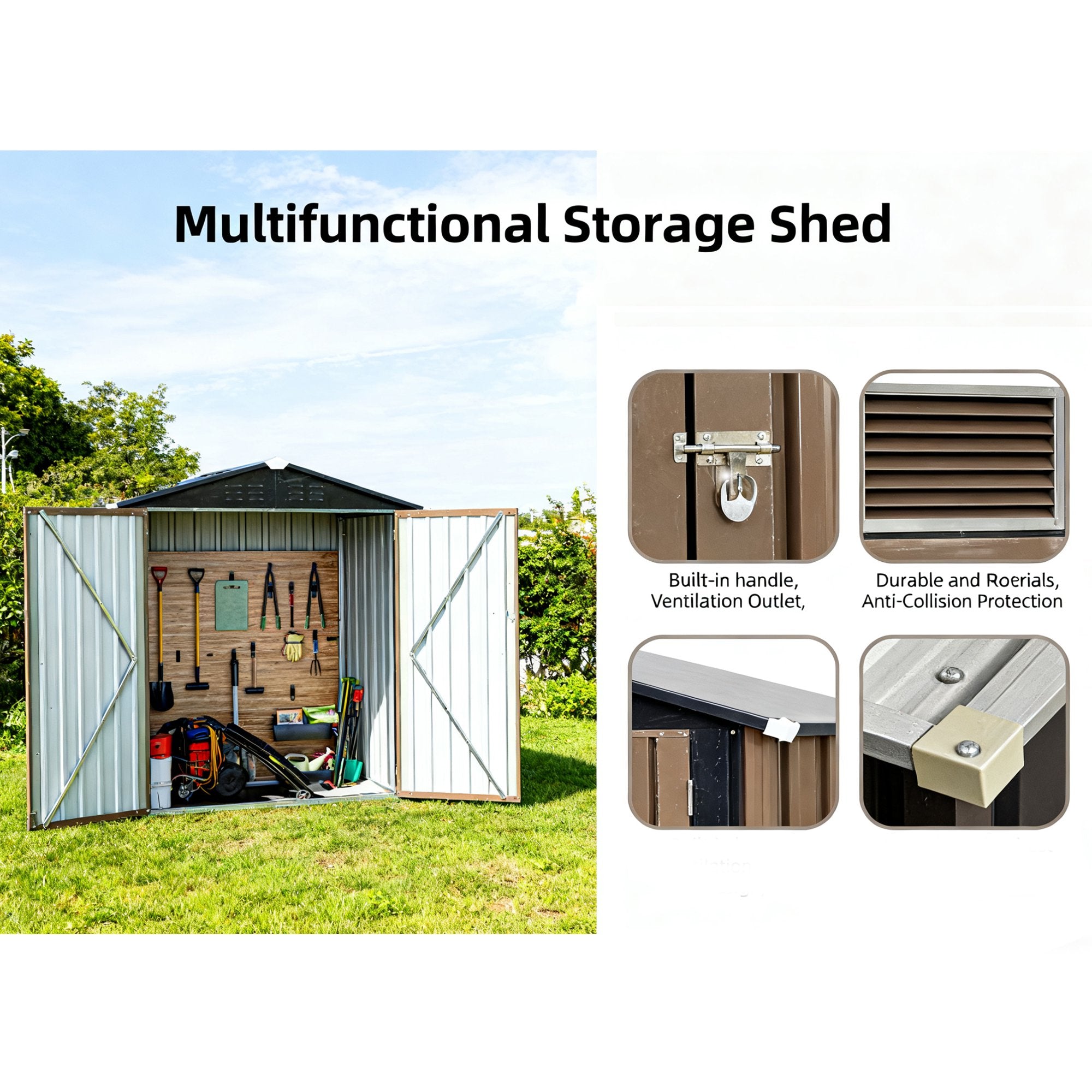 EDX 6'x8' Outdoor Storage Shed, Gable Roof with Double Hinged Doors, Lockable, Galvanized Steel - Metal Storage Shed,Brown