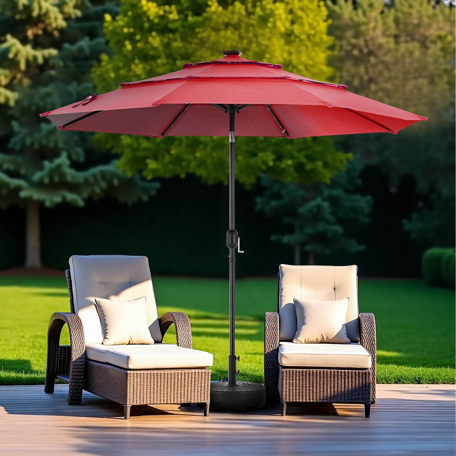 edx 10ft 3-Tier Solar LED Patio Umbrella with Tilt Adjustment and UV-Resistant Polyester Fabric, Outdoor Market Umbrella, Khaki
