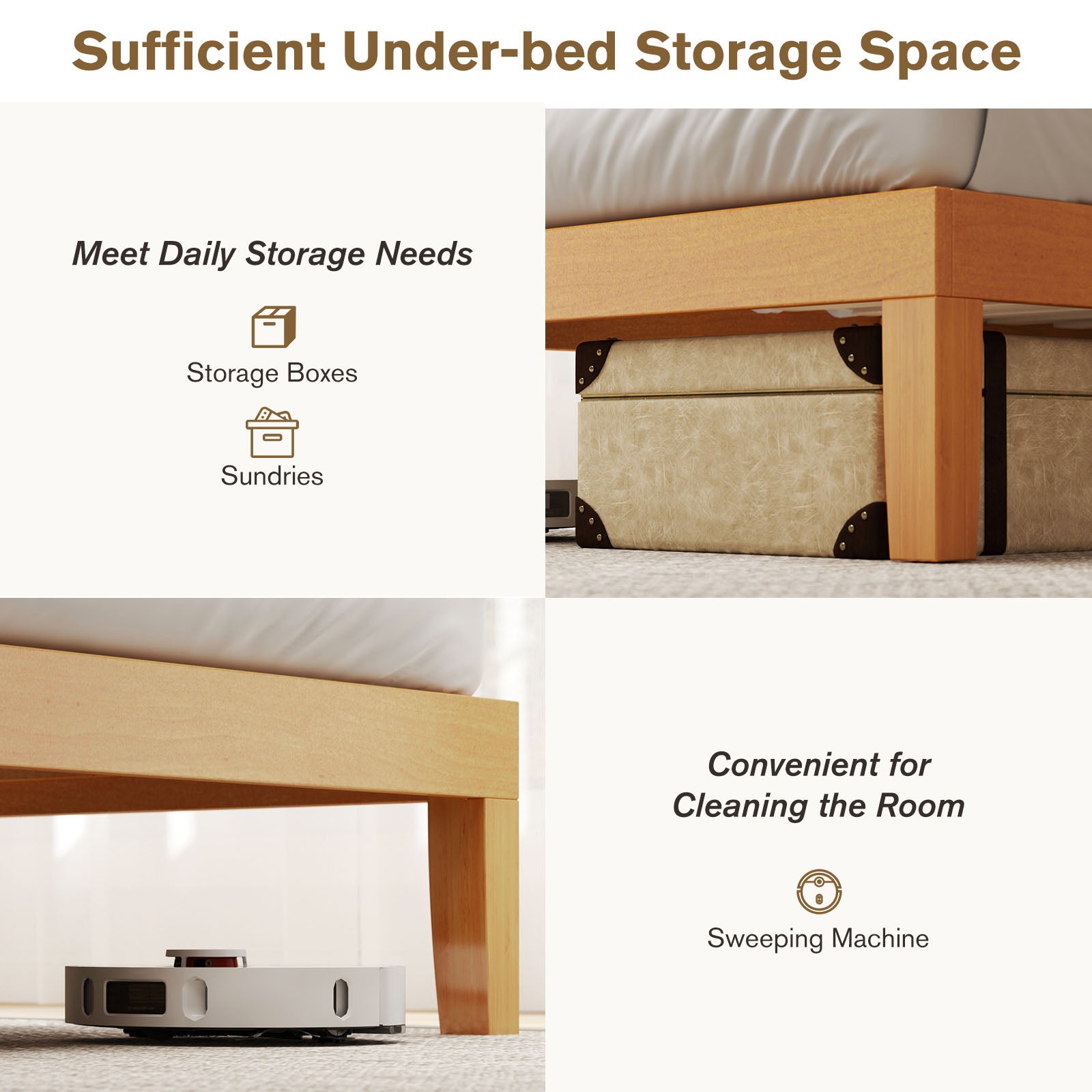 Wood Bed Frame, No Spring Needed, 12in Wooden Platform Bed Frame Mattress Foundation with Support Slats, Natural Pine