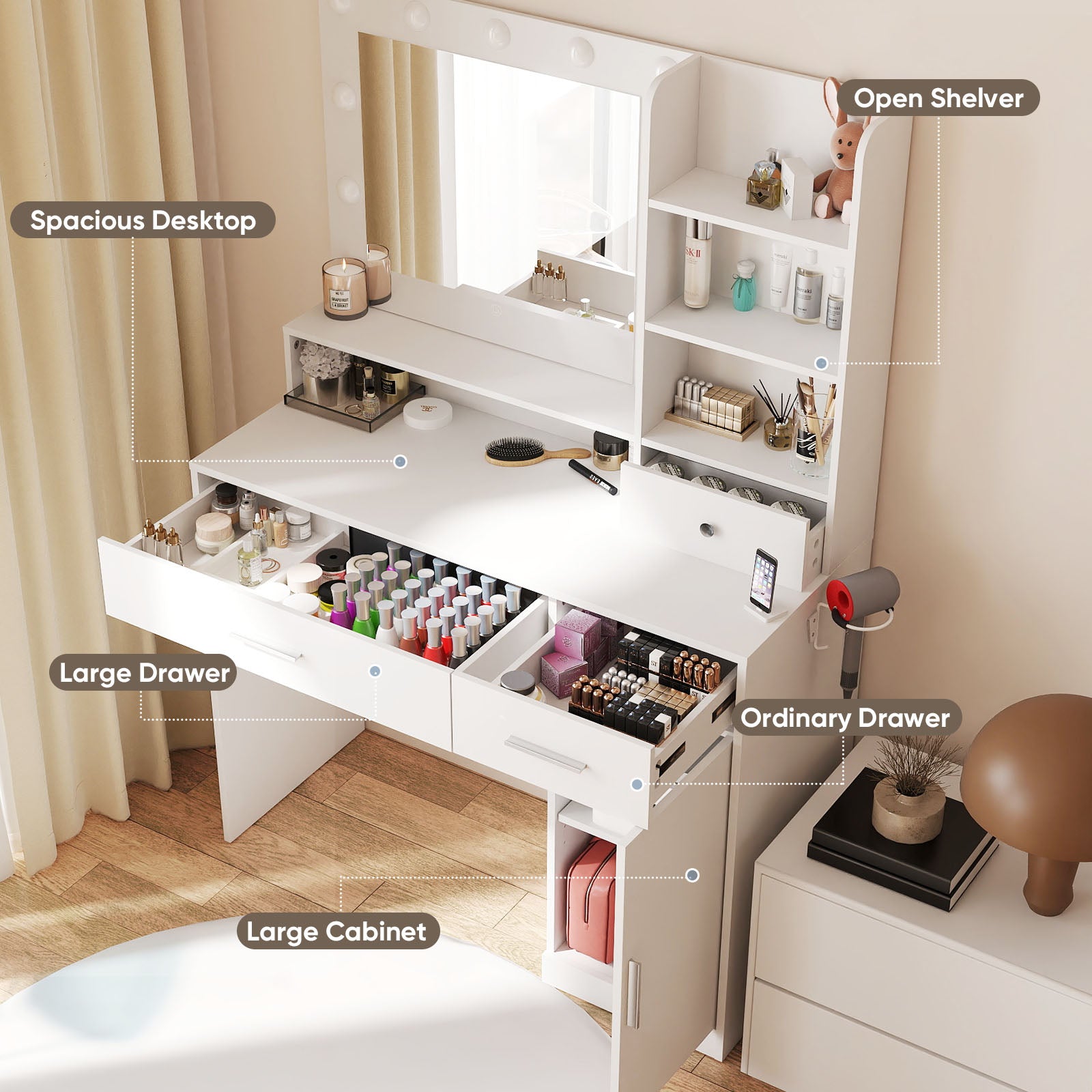 EDX Vanity Desk with Mirror and Lights, Makeup Vanity Table with Hair Dryer & Power Outlet, 2-Drawer Dressing Table for Bedroom,White