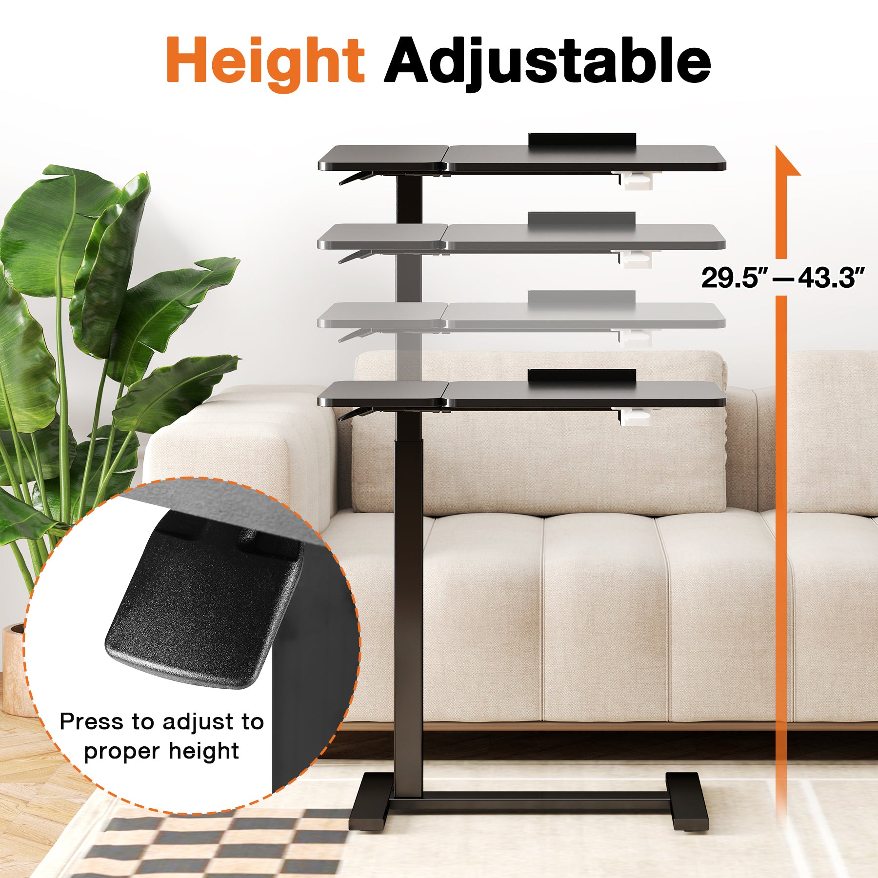 ZUNMOS Overbed Bedside Lap Desk with Wheels and Tilt Top, Mobile Standing Lap Desk Pneumatic Adjustable Height for Home Office Bedroom Sofa