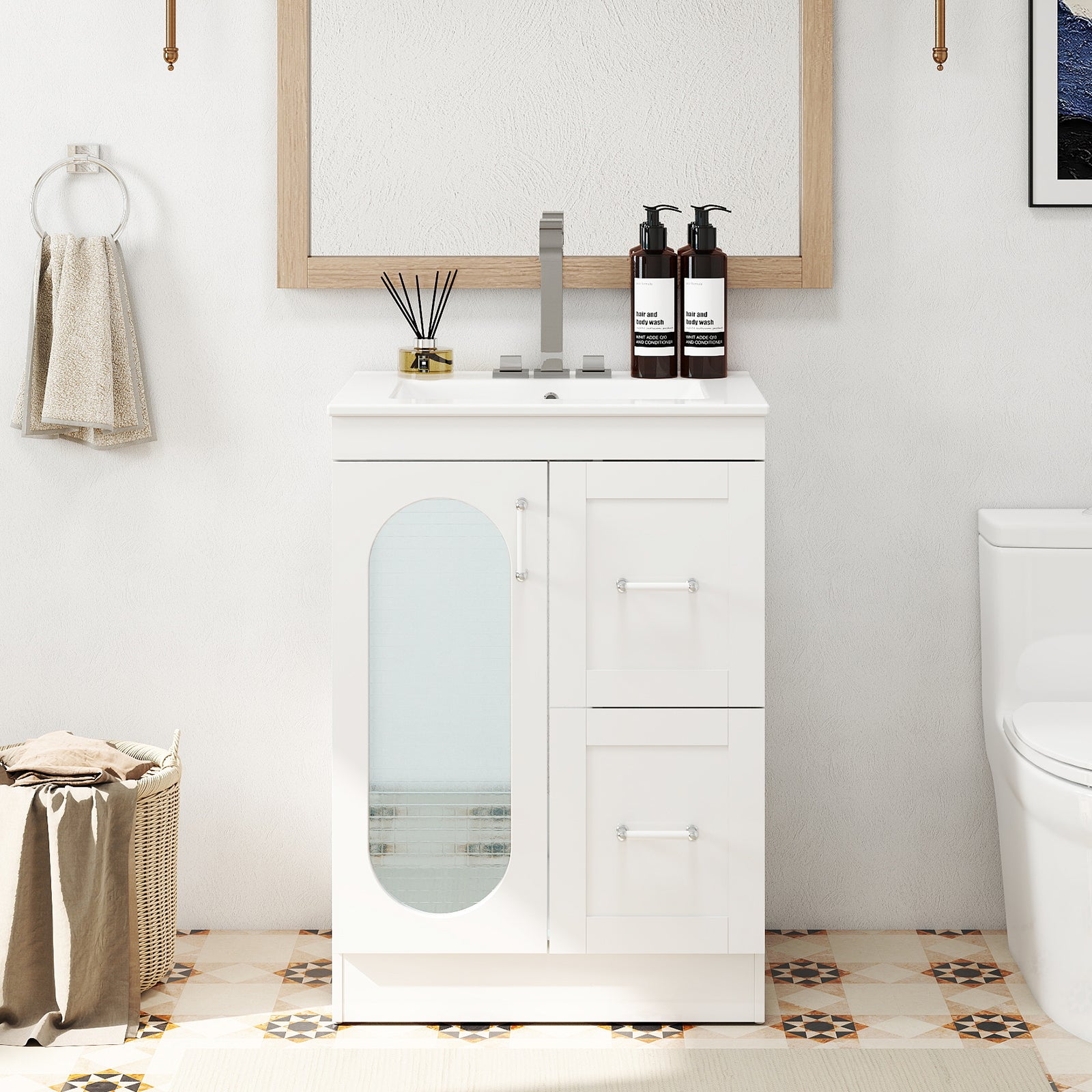 EDX Bathroom Vanity, Freestanding Modern Cabinet with Sink, White