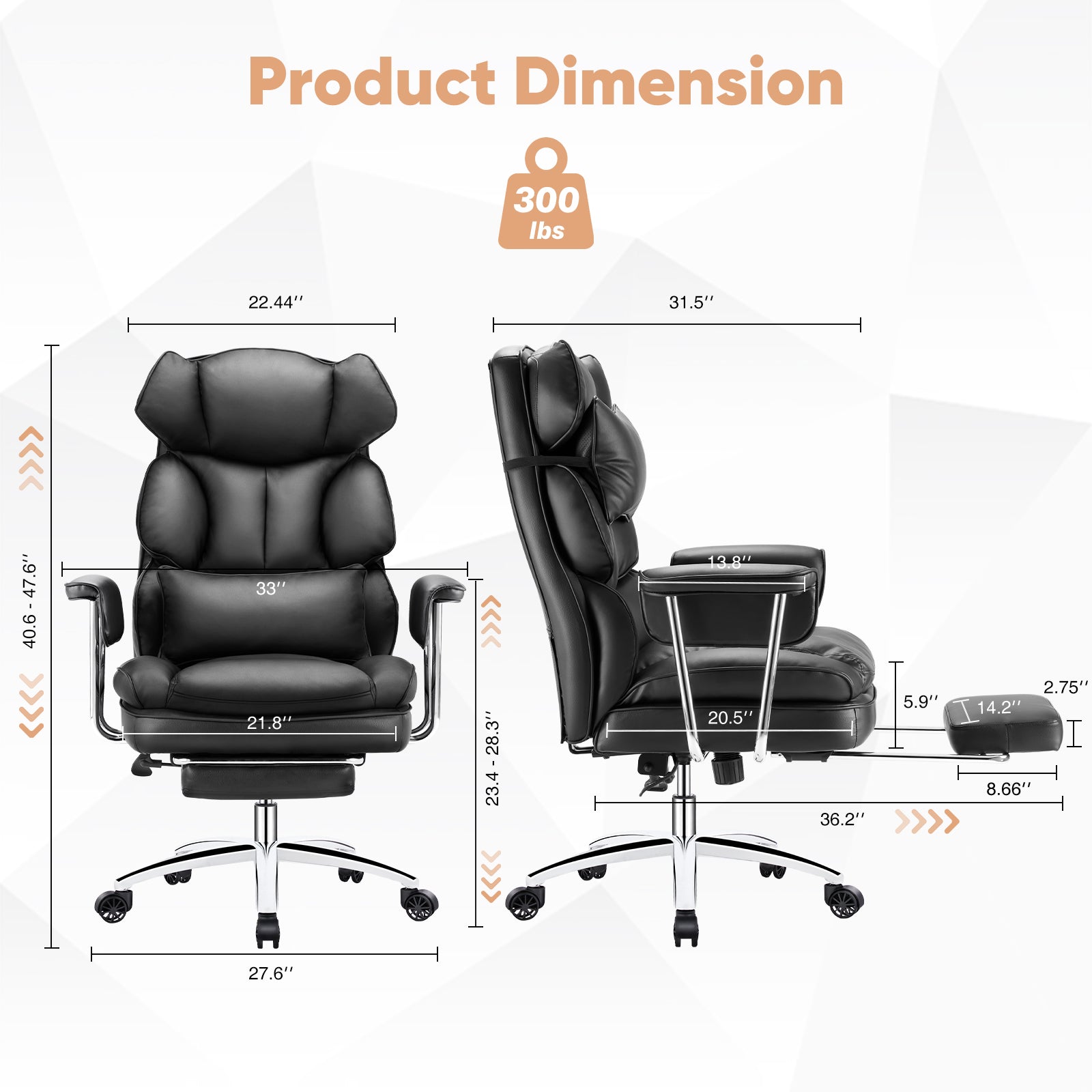 Executive Ergonomic Home Office Chair with Footrest & Lumbar Support, Big Tall High Back, PU Leather, Adjustable & Swivel