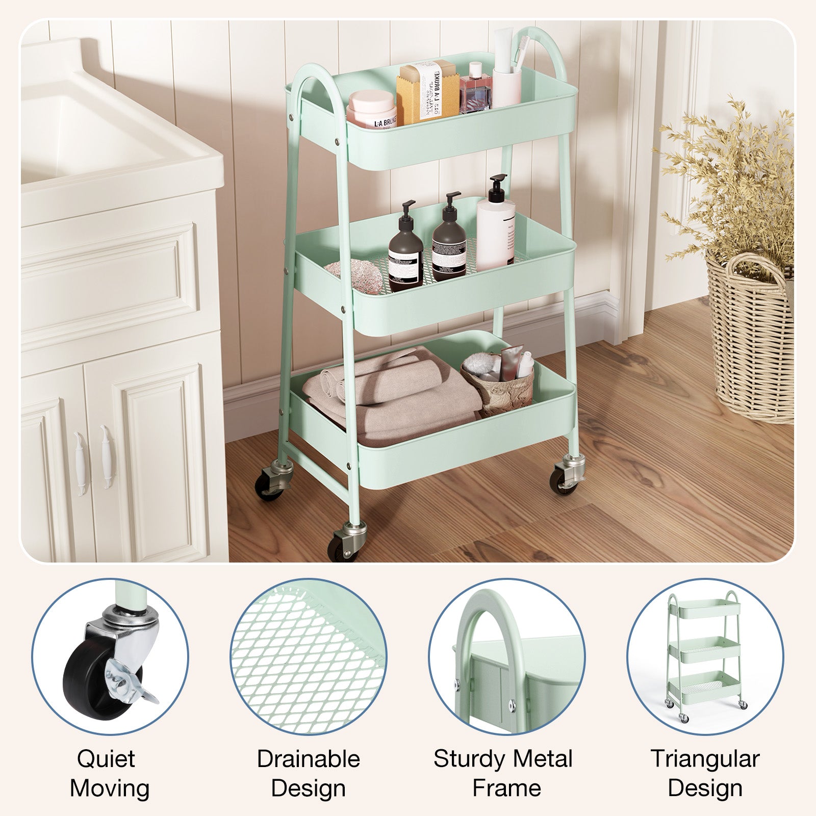 3 Tier Utility Rolling Cart, Metal Storage Cart with Handle and Lockable Wheels, Multifunctional Storage Organizer Trolley with Mesh Baskets for Kitchen, Living Room, Office